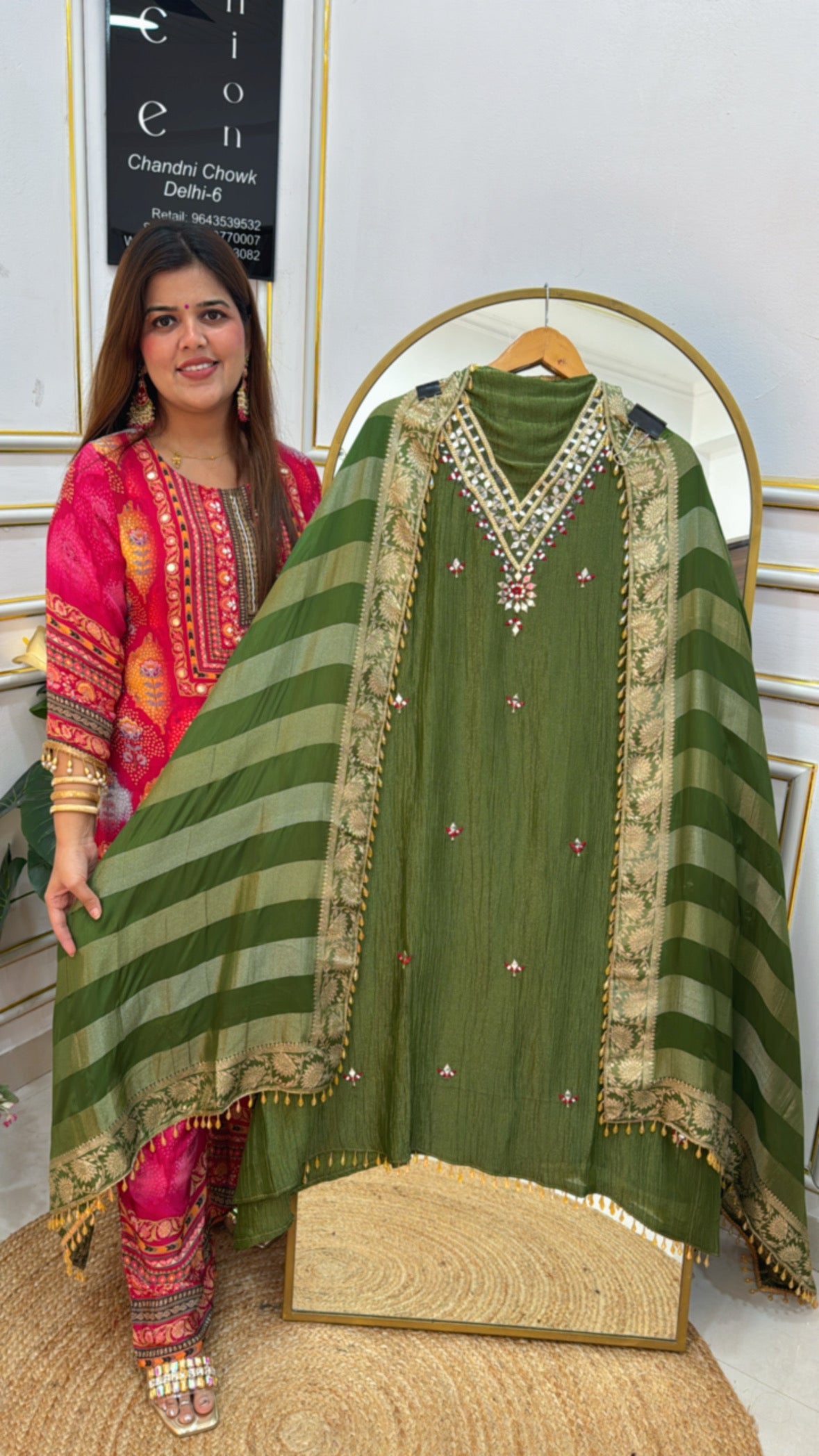 Stylish and beautiful crushed silk suit material with designer mirror neck work along with designer dupatta GF641