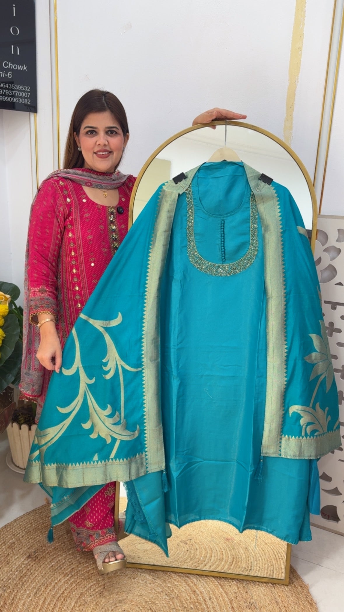 Semi partywear neck handwork shimmer suit material with weaved banarasi dupatta GF723