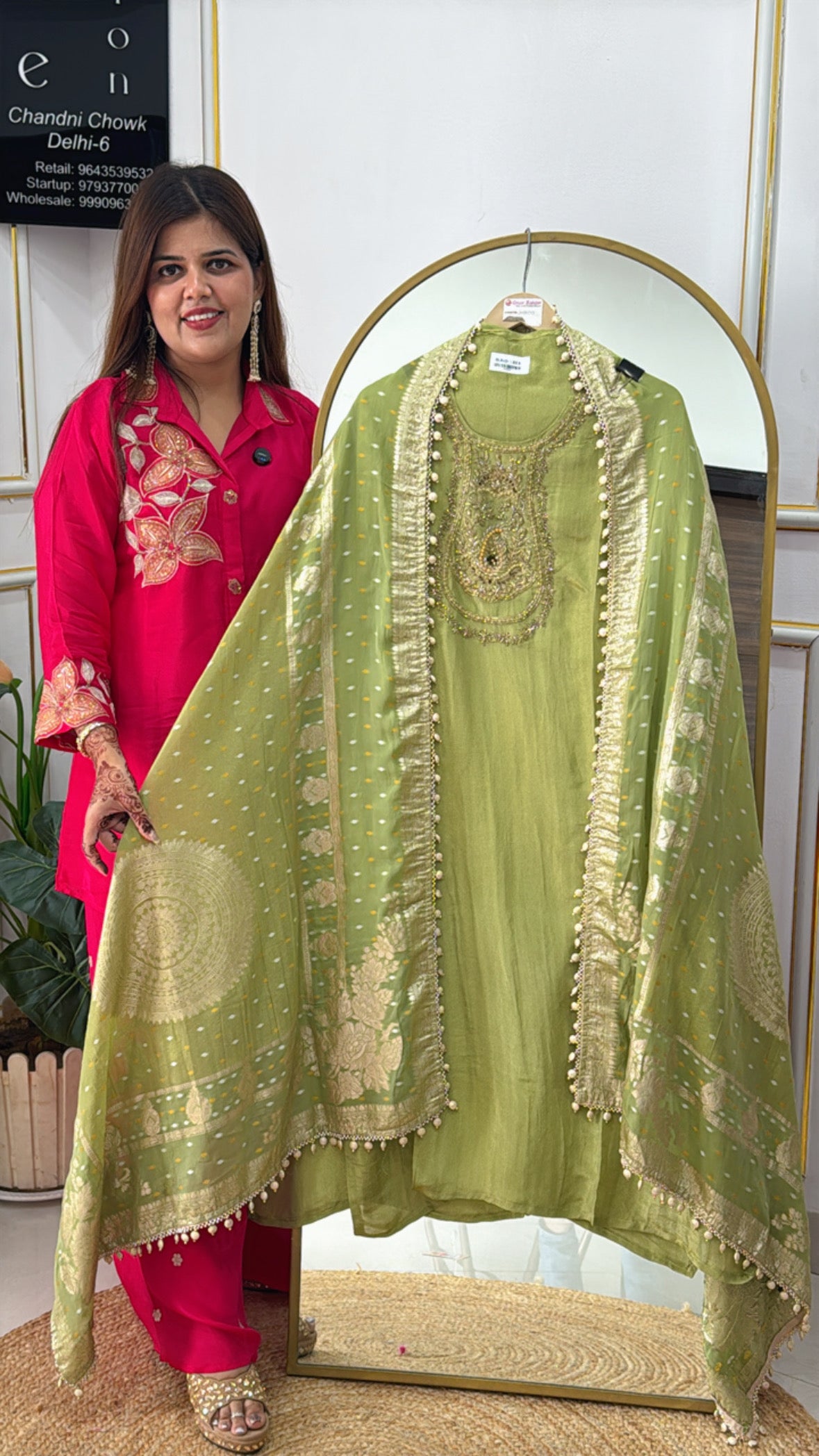 Pure Shimmer Silk Suit Material with Handwork Neck &amp; Heavy Weaved Banarasi Dupatta GF 395