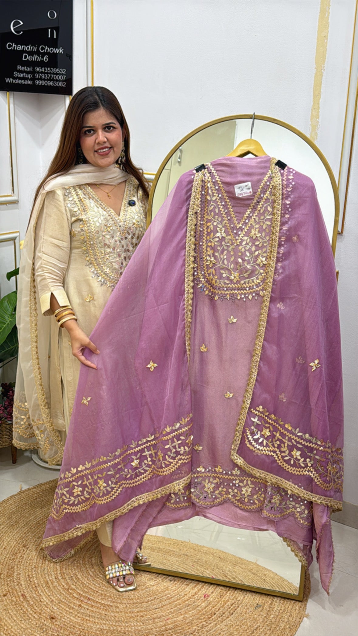 Partywear Shimmer Silk Suit with Full Leather Patch &amp; Gota Detailing and Designer Organza Dupatta GF 540