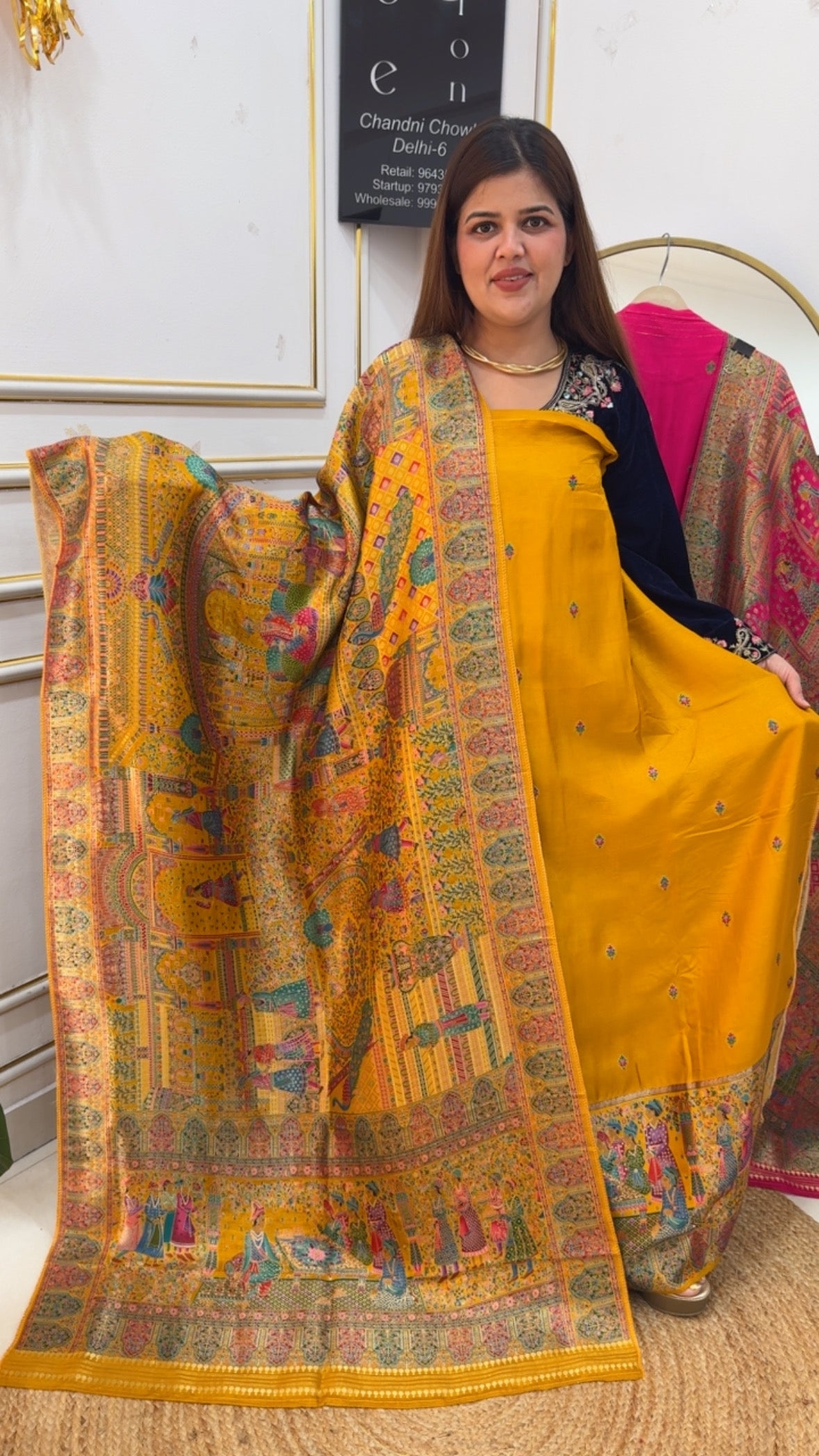 Antique and royal raw Russian silk full gold weaved Mughal print inspired suit material GF880