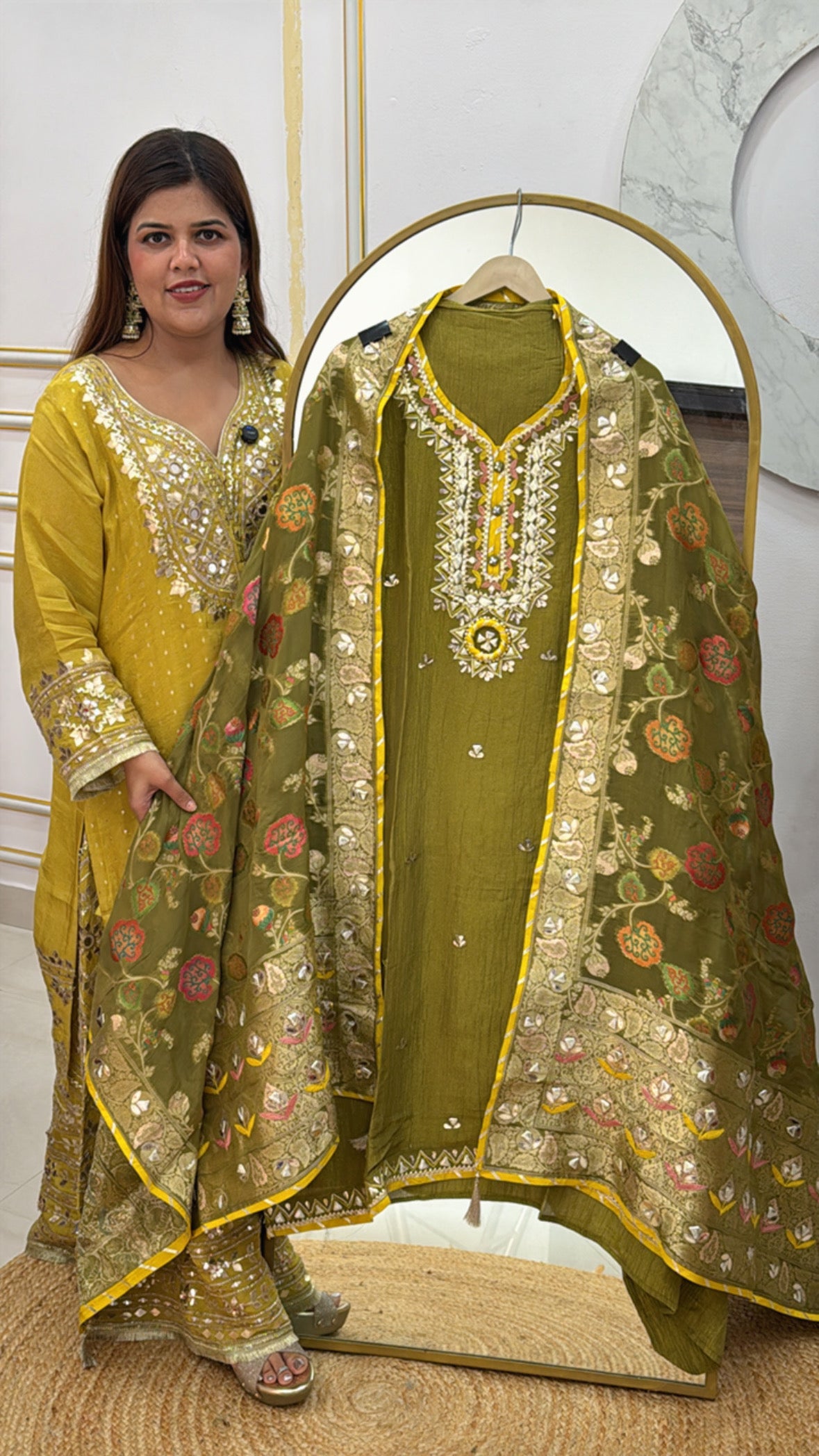 latest partywear manual gota work suit material along with fully weaved tissue dupatta with allover work detailing GF480