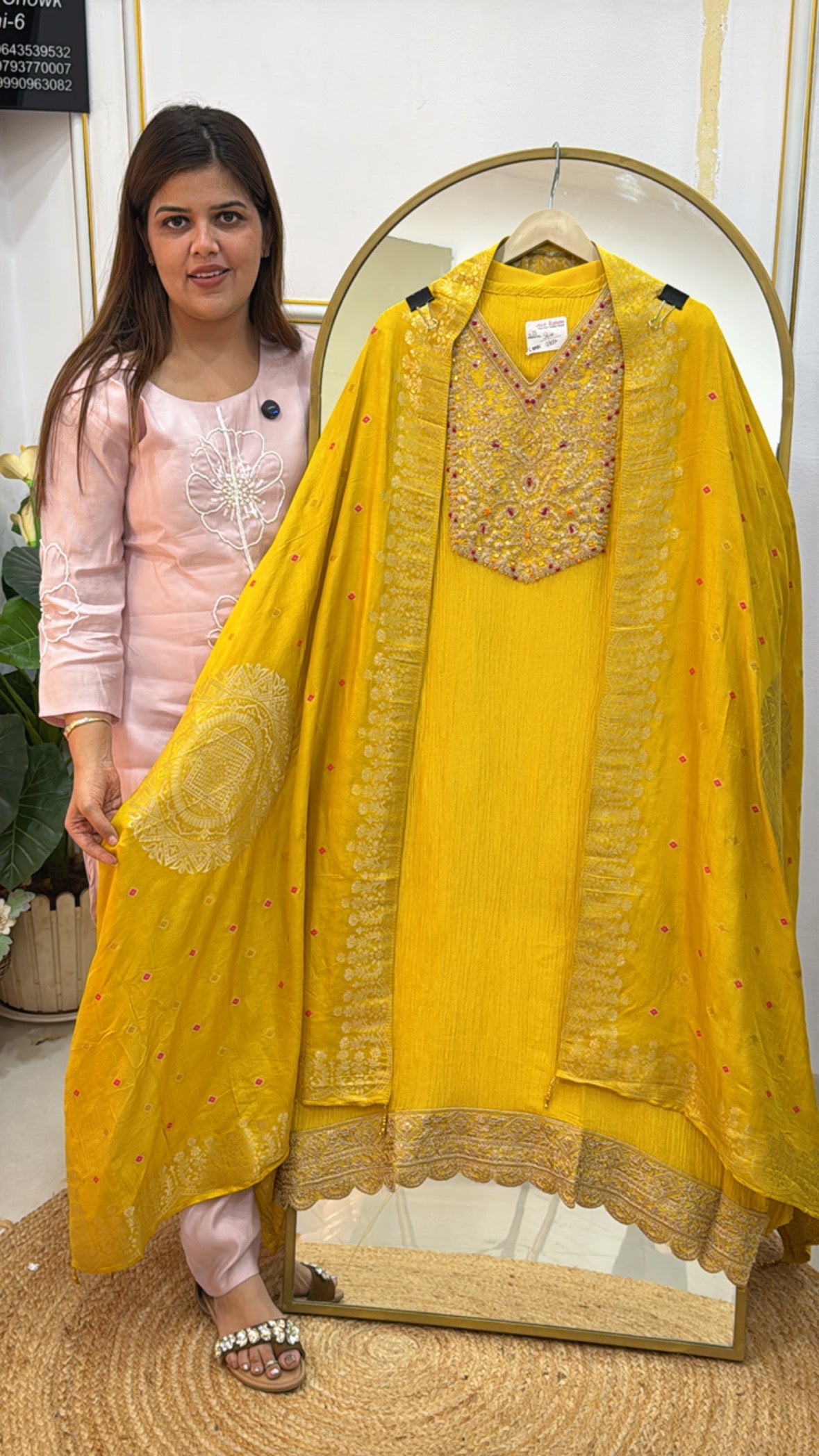 Pure Crushed Shimmer Silk Suit with Zardozi Neck &amp; Kanjivaram Dupatta GF 468