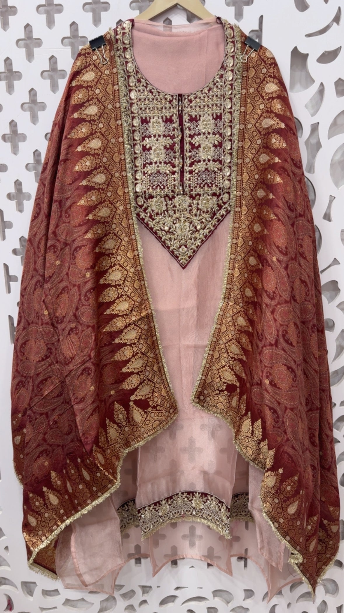 Jackpot series elegant and royal pure premium shimmer glass tissue full neck work suit material along with Banarasi digital printed weaved duapatta GF823