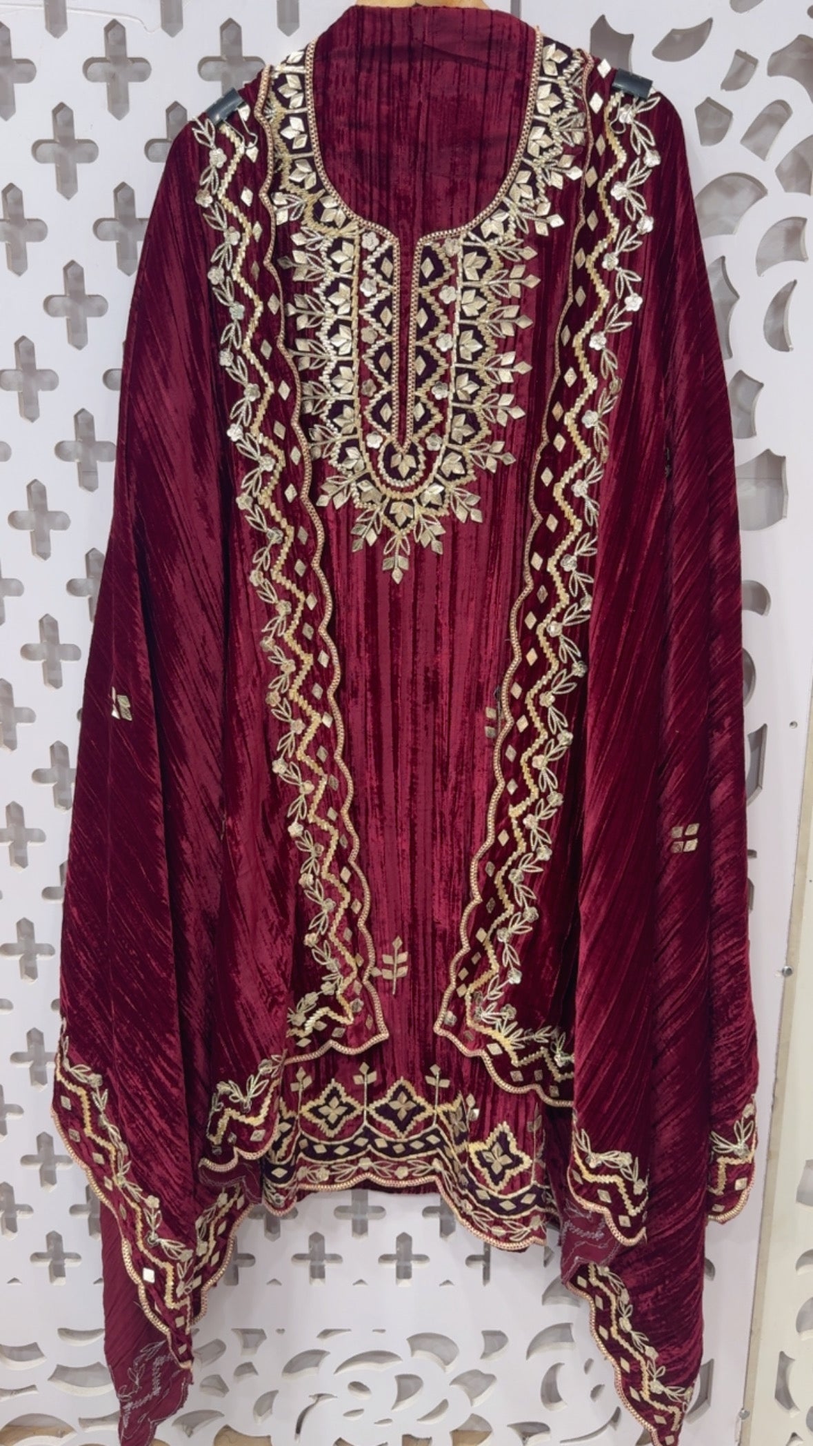 partywear special crushed velvet full mirror and gota work contrasting designer suit material long with crushed dupatta and bottom GF844