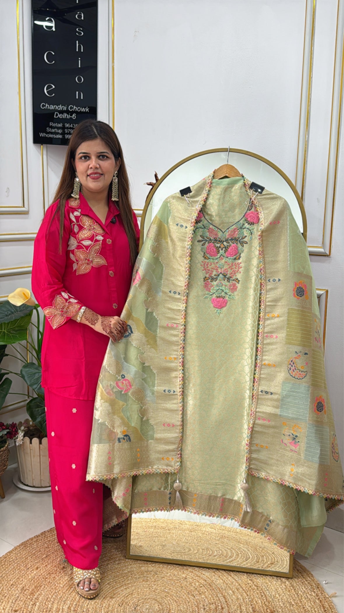 Party Wear Silk Kanjivaram Weaved Suit with Handwork Neck and Matching Weaved Dupatta GF 387