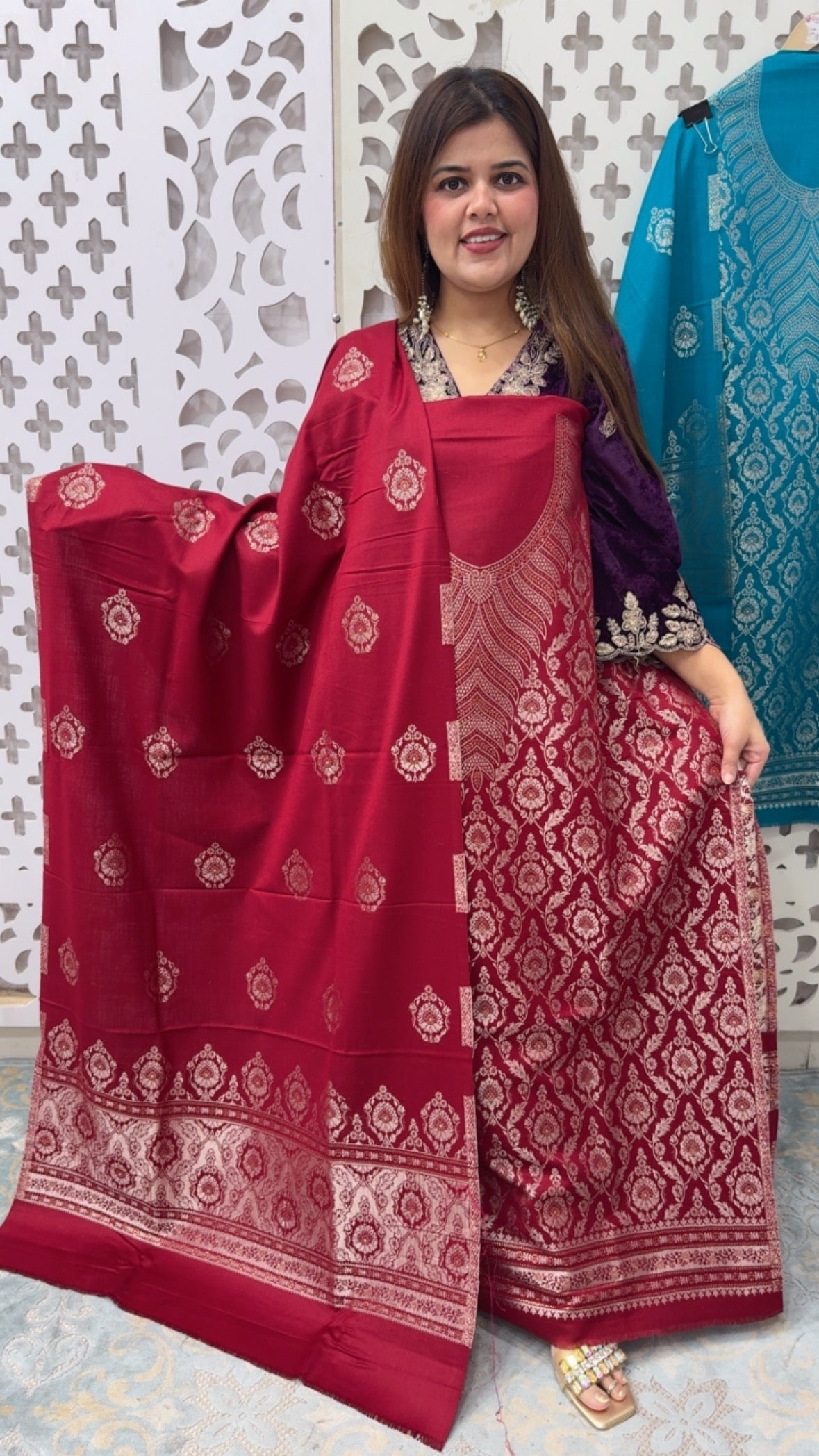 Winter special classy and royal pure weaved pure pashmina suit material with  full weaved dupatta GF838