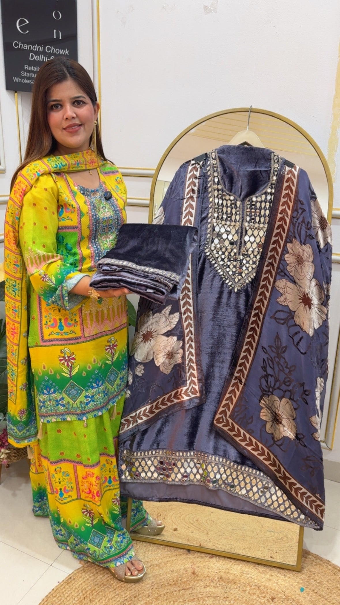 Mirror work special designer Partywear velvet suit material along with unique digital printed Brasso dupatta and pure mirror work bottom price GF798