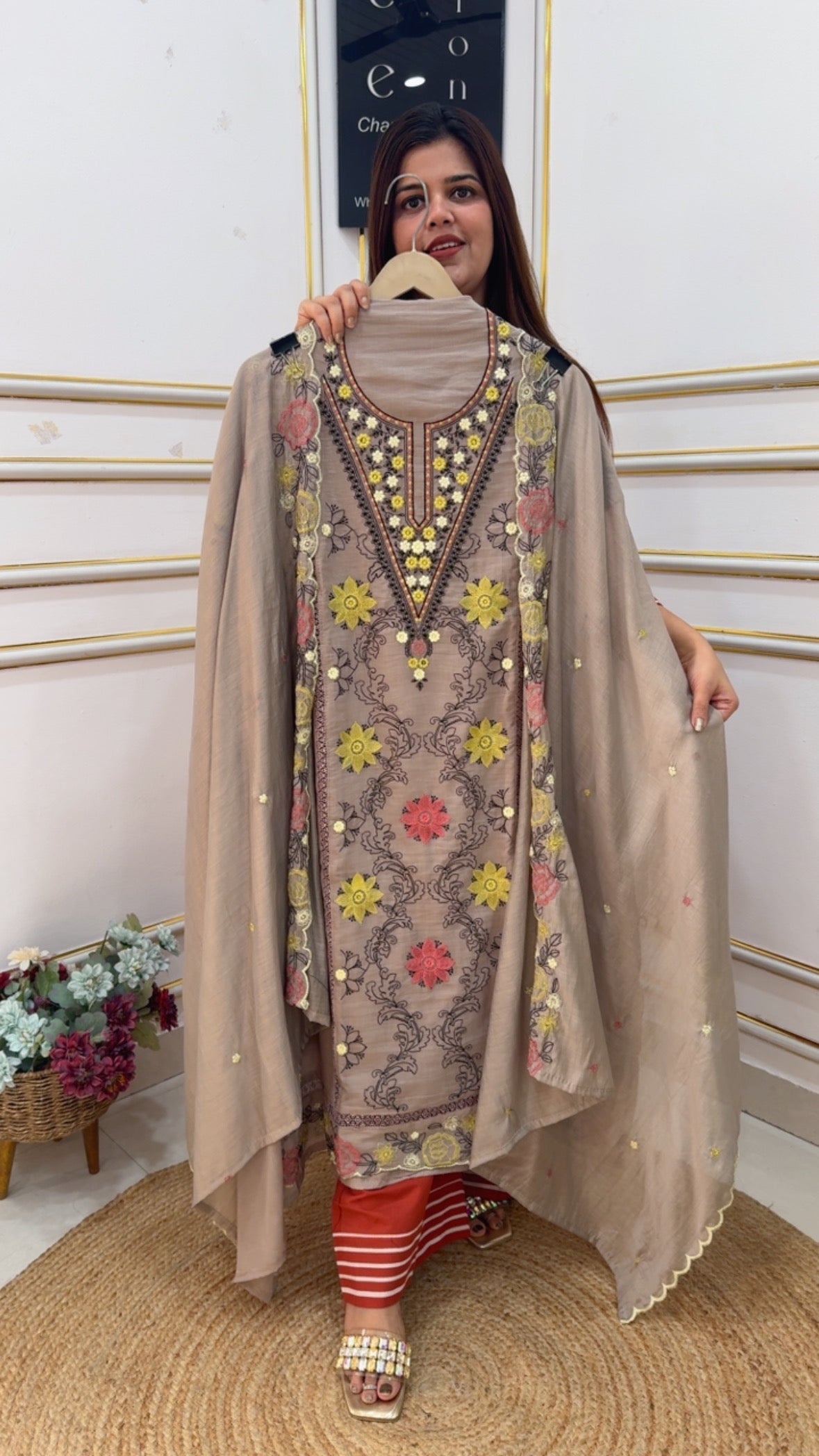 Pure premium Mul cotton fully embroidered suit material along with class scalped Mul Mul dupatta GF1108 Mushroom Beige