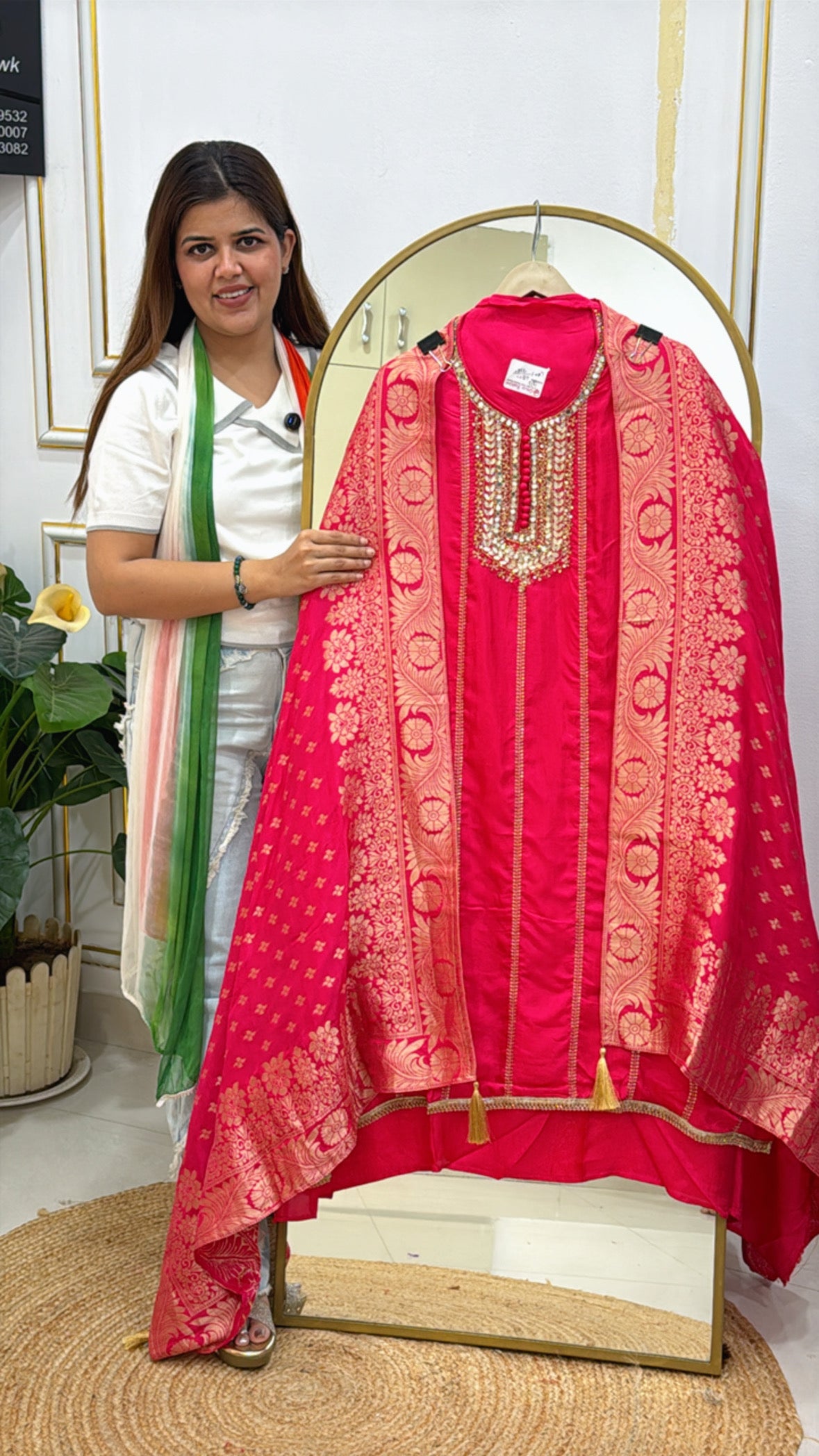 Pure Silk Zardozi Neck Suit with Weaved Banarasi Dupatta – Partywear Elegance GF 469