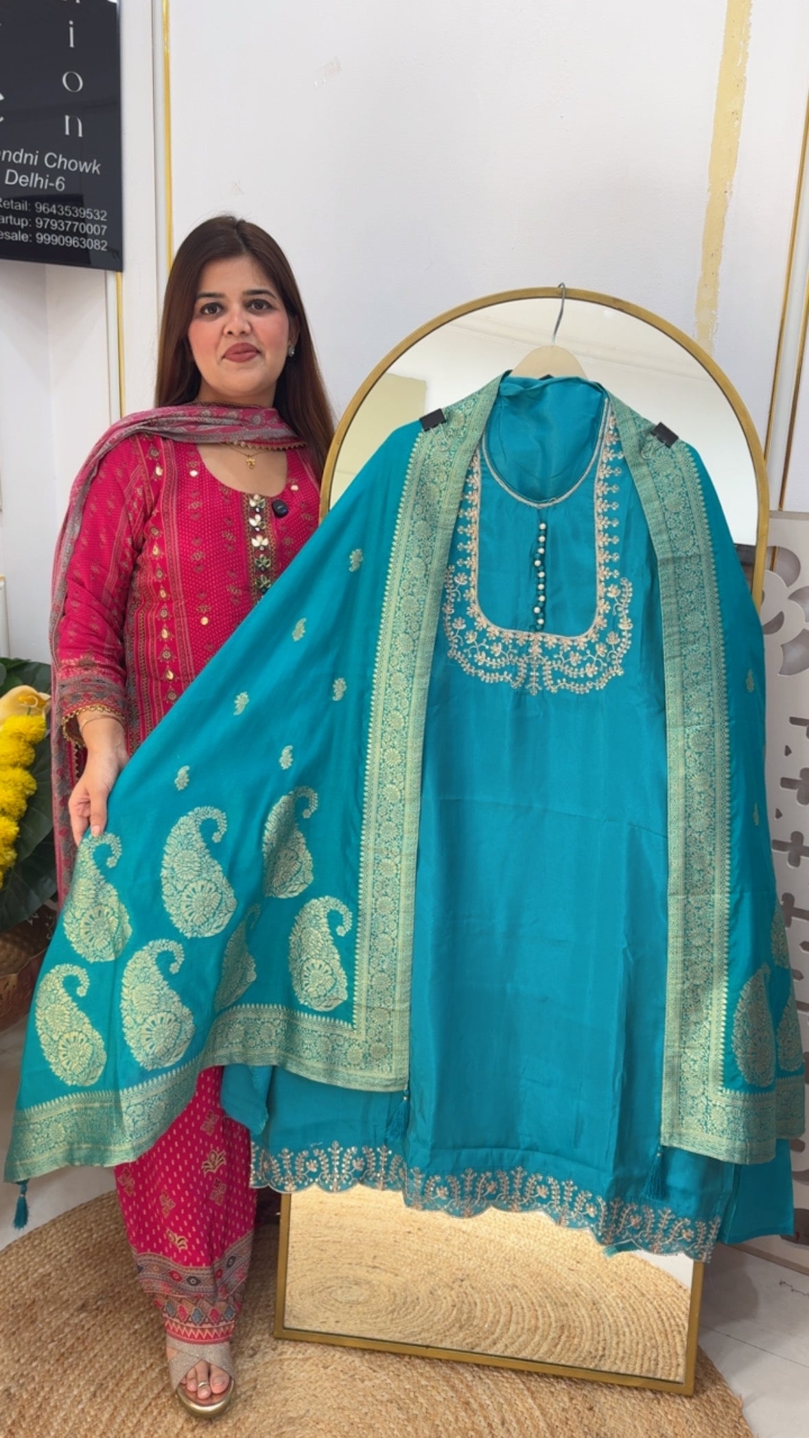 Wedding and partywear special soft silk suit material with finest neckwork detailing along with weaved banarasi dupatta GF716