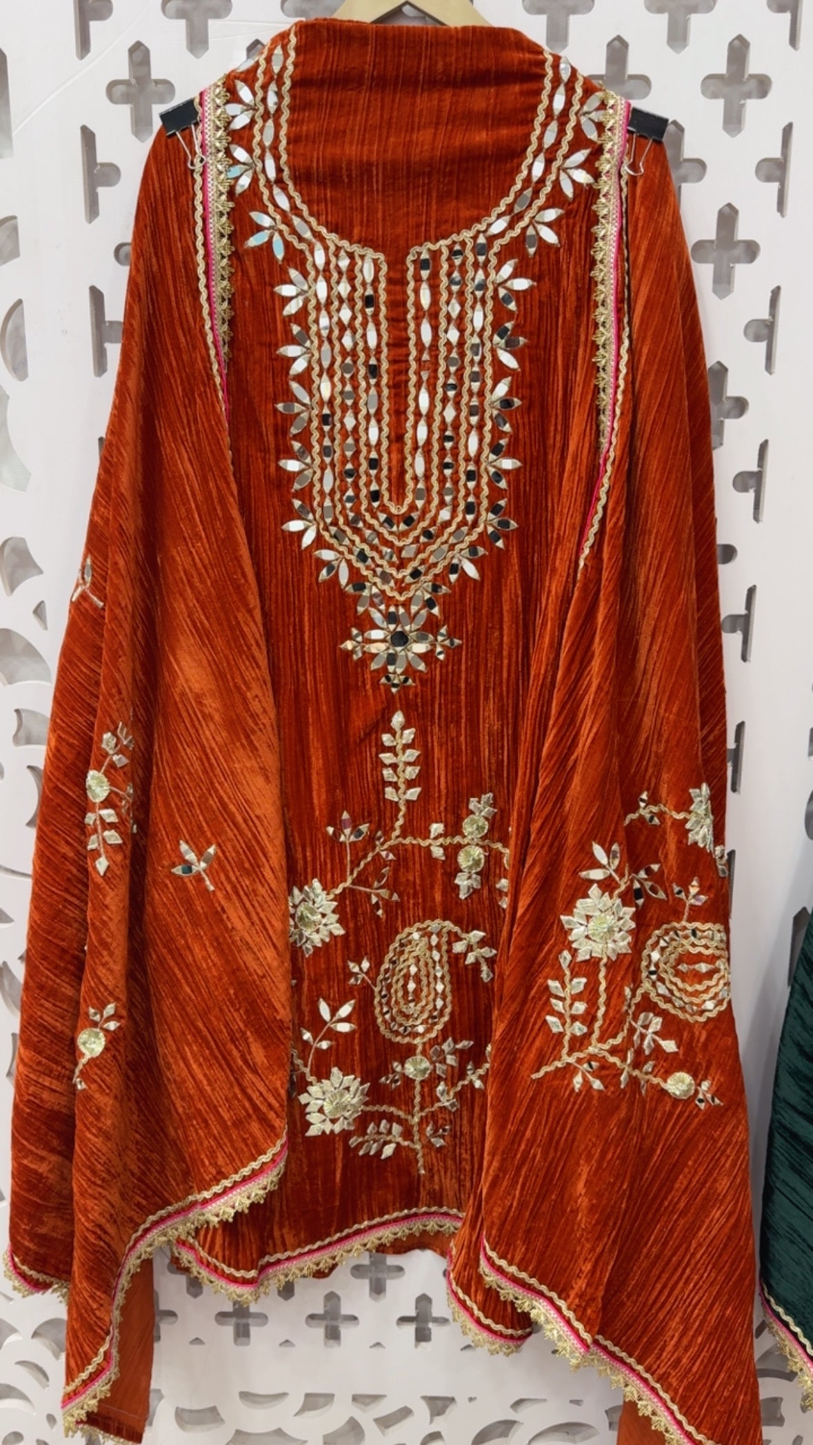 Wedding style partywear velvet suit material full manual handwork mirror leather patch and Gota over crushed velvet along with heavy work velvet dupatta GF825