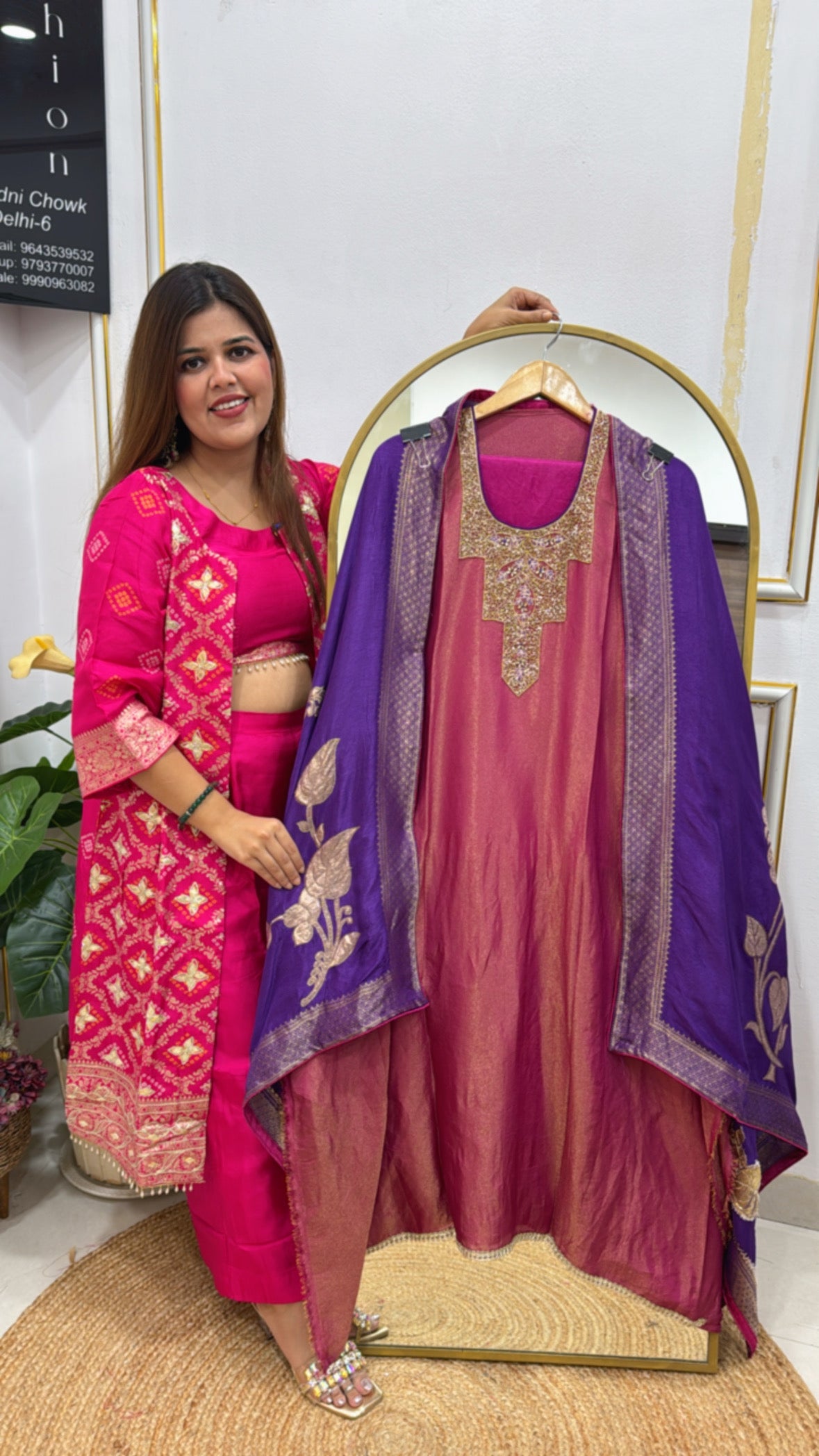 Royal and elegant pure shimmer silk suit material along with decent handwork neck with pure weaved kanjivaram banarasi dupatta GF 529