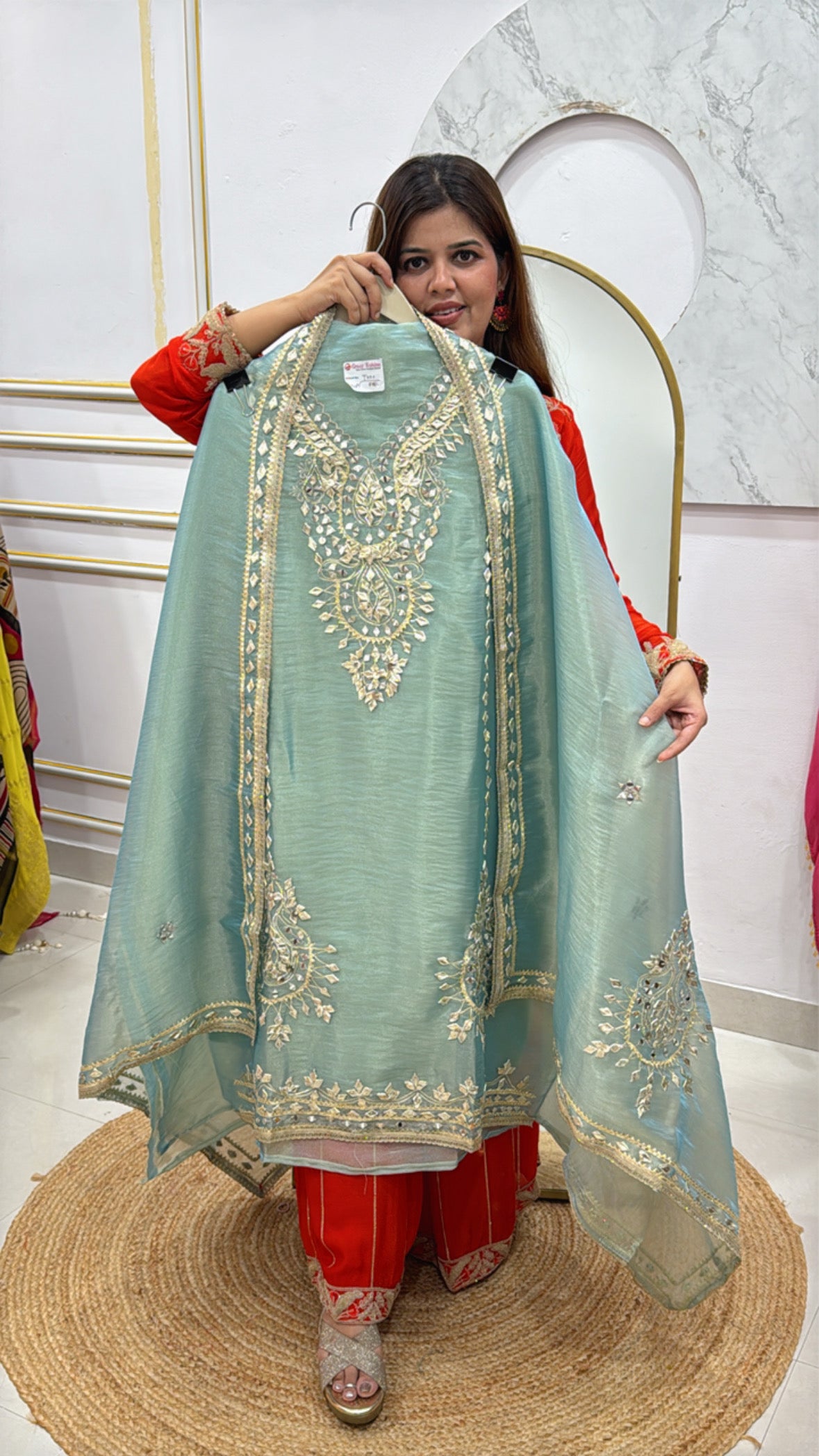 Most trending pure shimmer tissue suit material with latest gota work all over shirt and dupatta  GF497