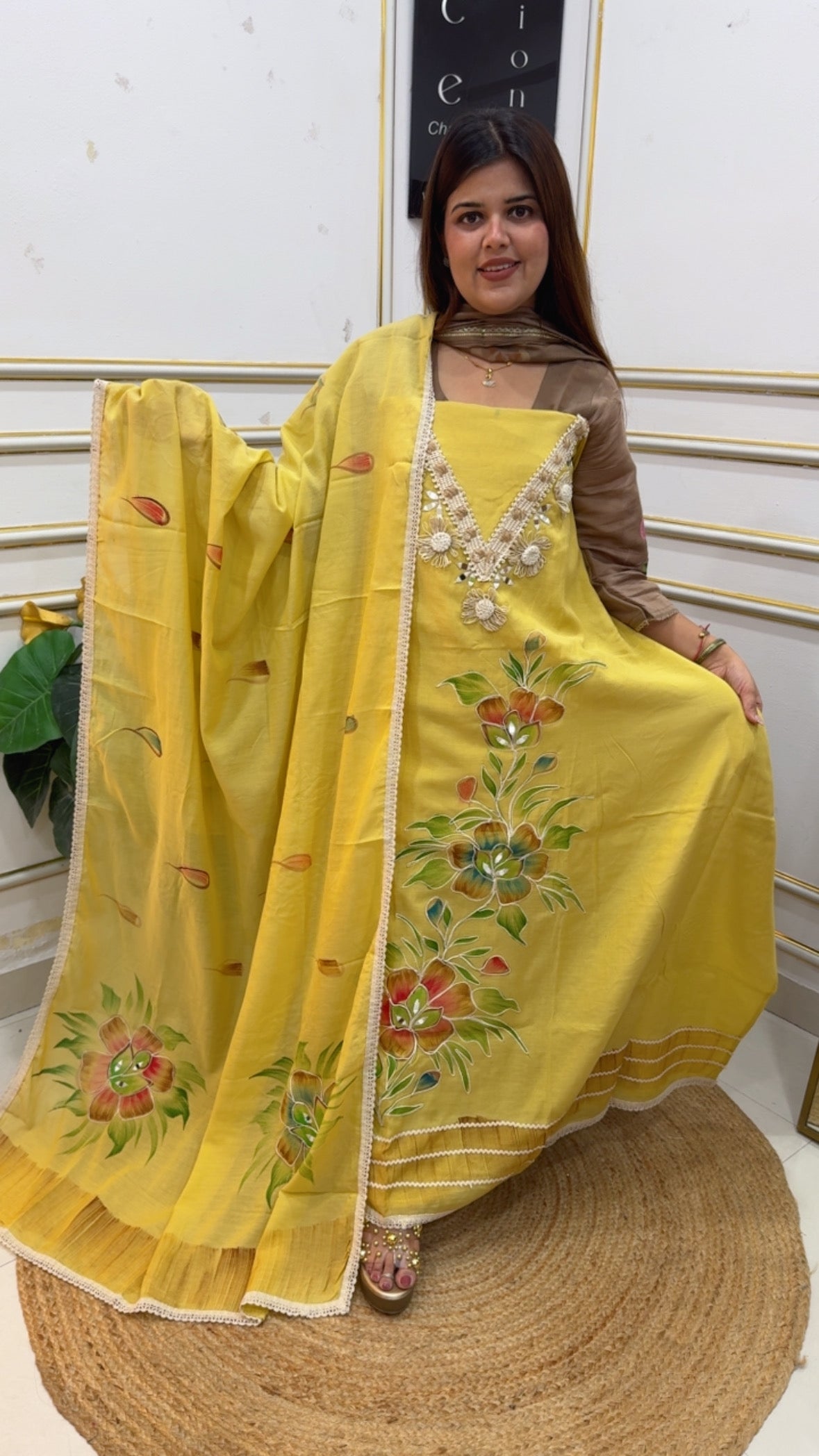 Summer pure and premium Mulmul suit material along with Dori work and hand painted work all over suit material. GF1153 Light Yellow