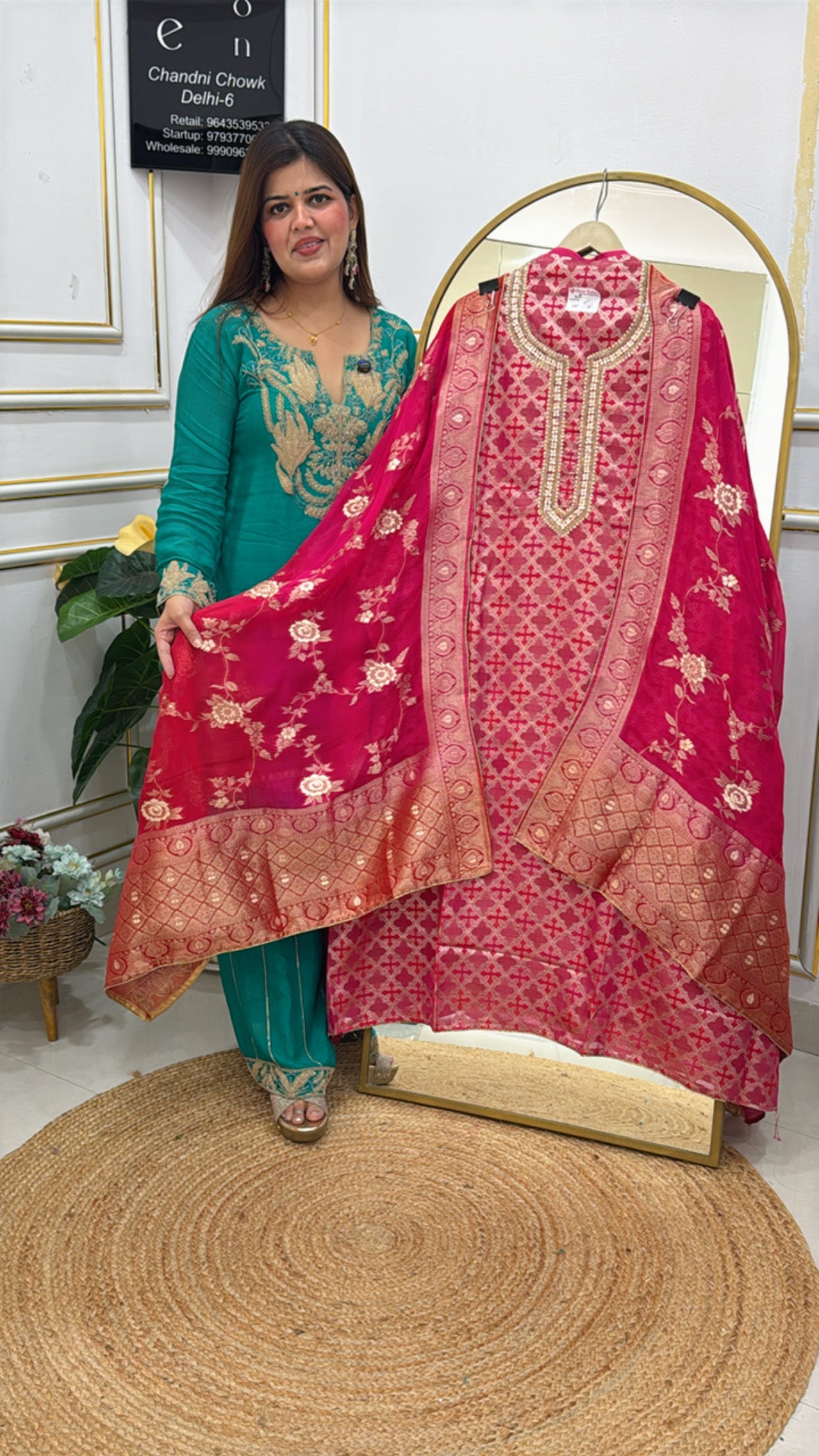 Royal and elegant wedding special kanjivaram weaved pure silk suit material along with triple die organza silk weaved dupatta GF616