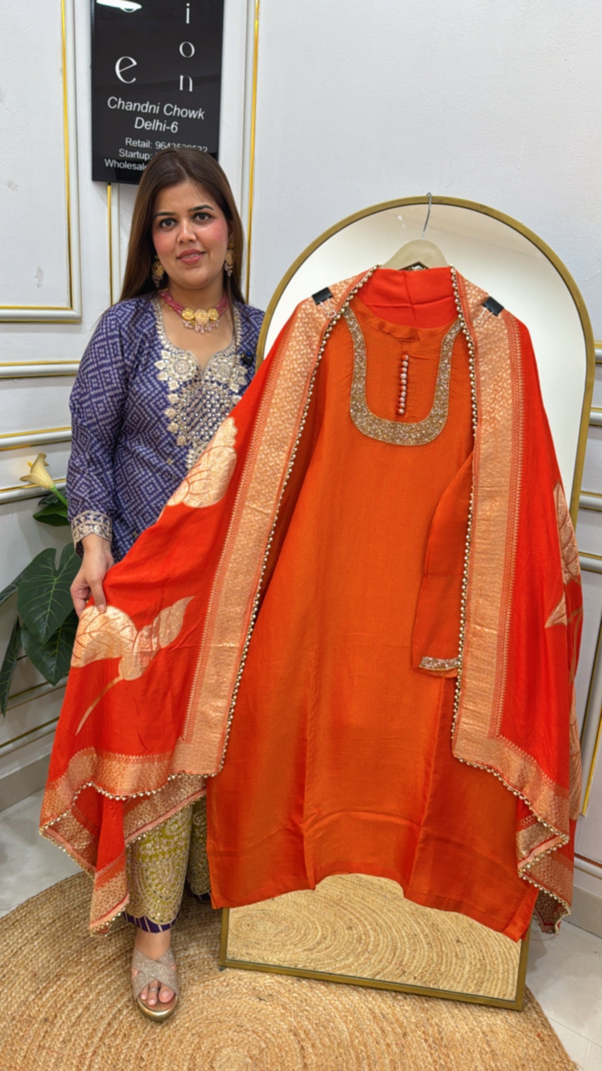 Karwa Chauth special best seller pure shimmer silk suit material with neck handwork along with fully weaved silk banarasi dupatta GF 646