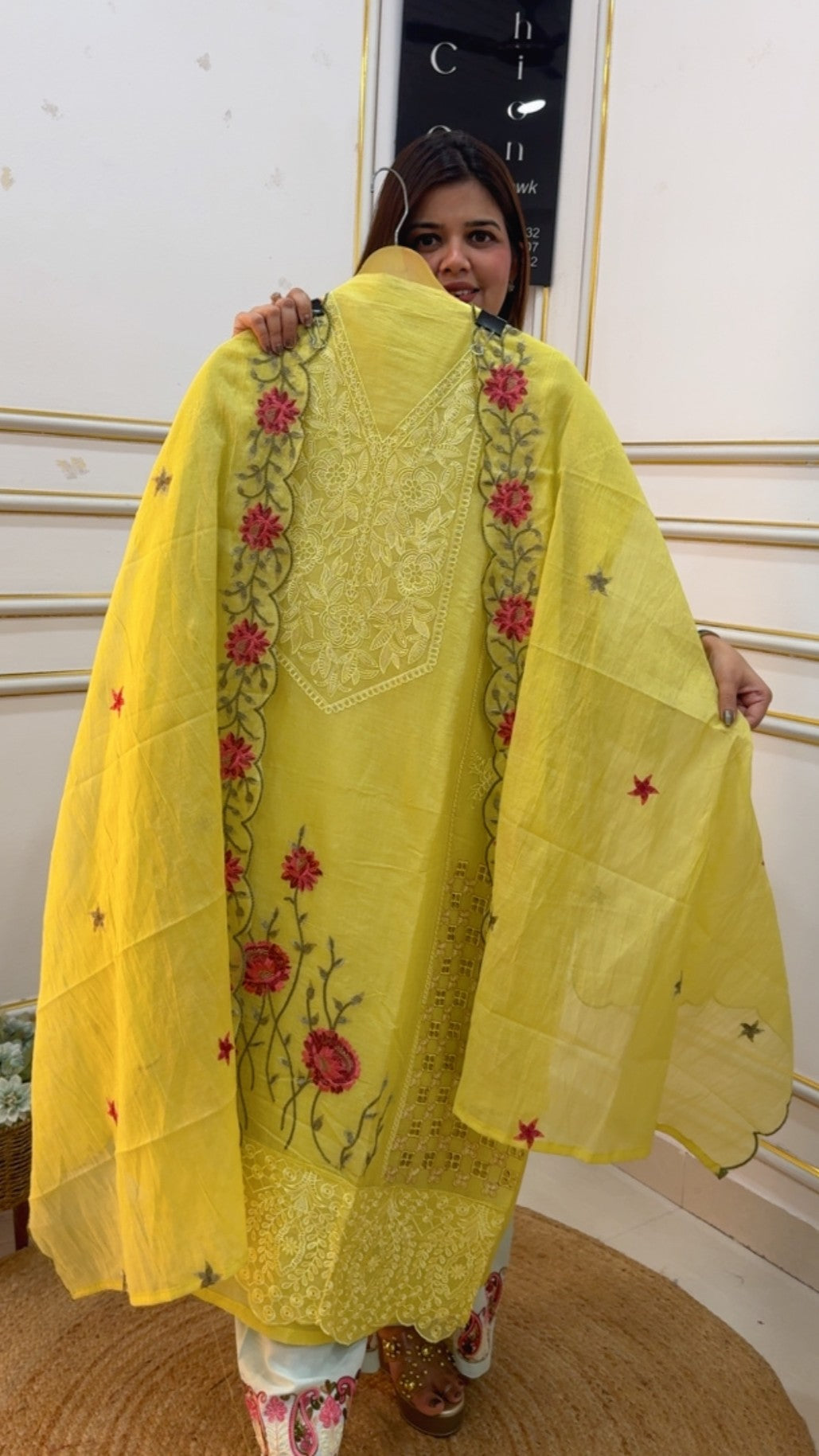 Pure Mul Mul beautiful embroidery neck work full designer concept suit material along with scalped dupatta GF1065 Yellow