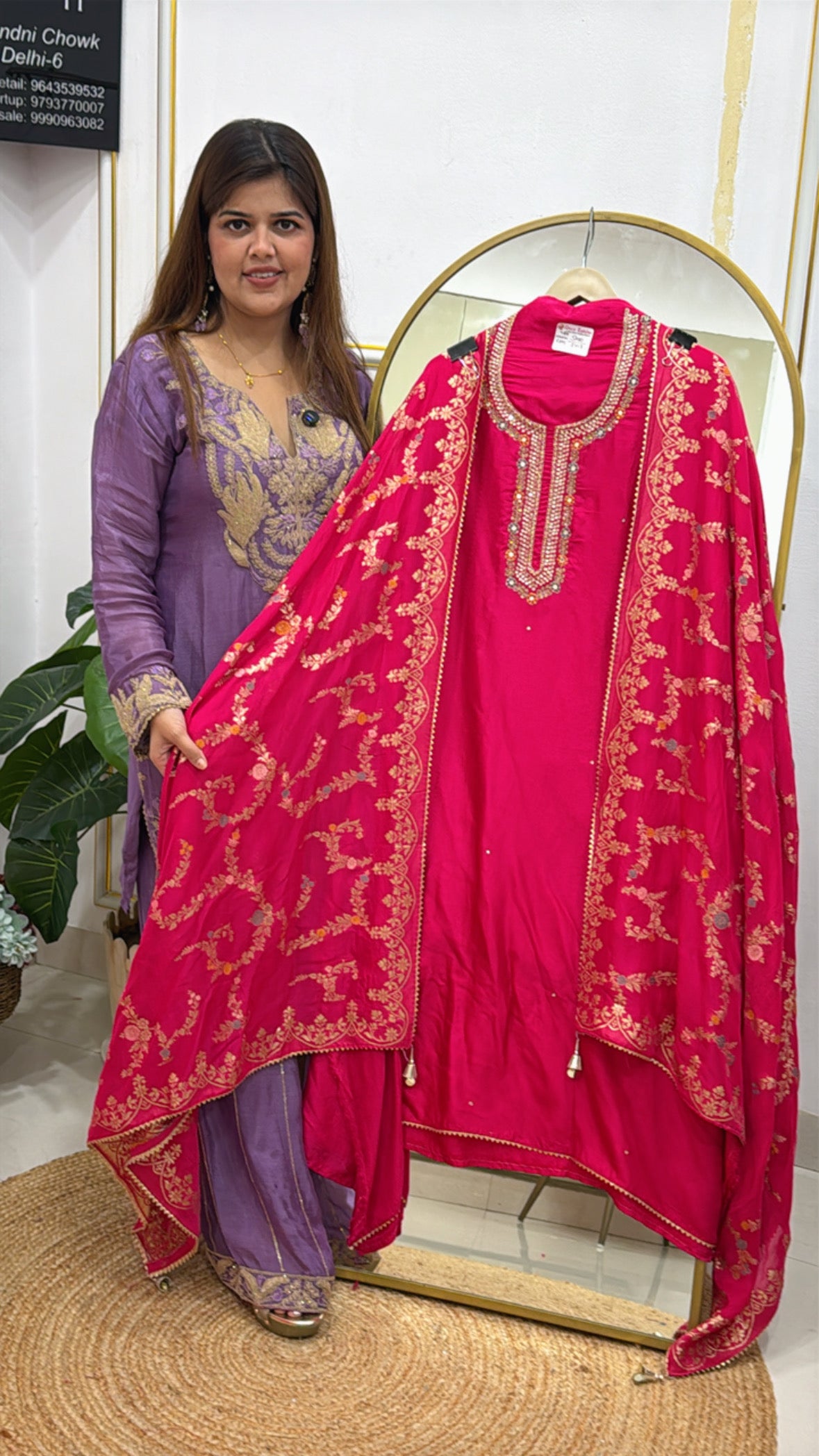 Pure raw silk suit material with elegant handwork neck detailing along with organza silk fully weaved dupatta GF 548