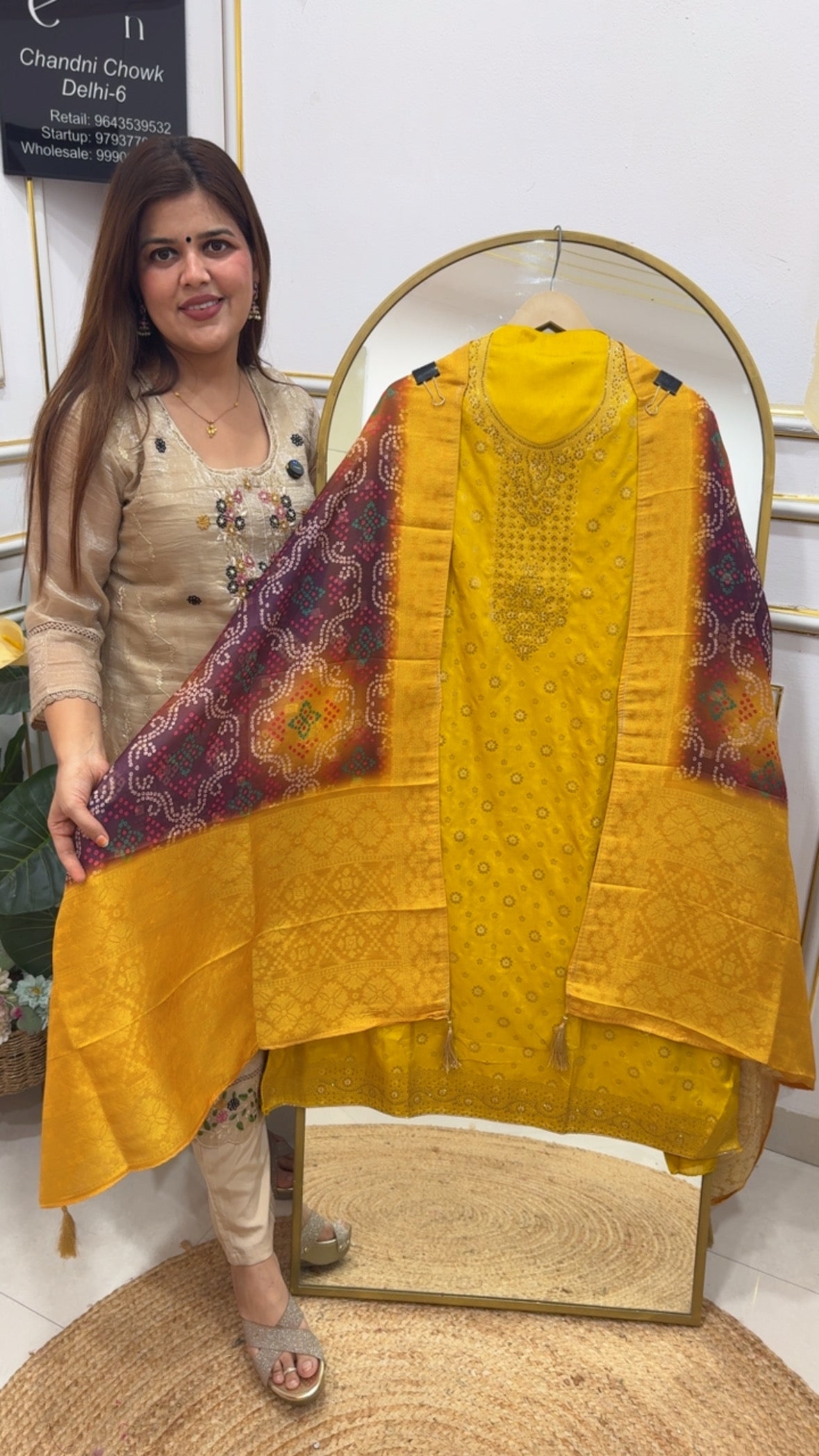 Grace fashion Everyday partywear Special super soft weaved silk suit material premium detailing with swaroski work all over shirt neck along with full length embroidery dupatta Bandani printed dupatta GF769