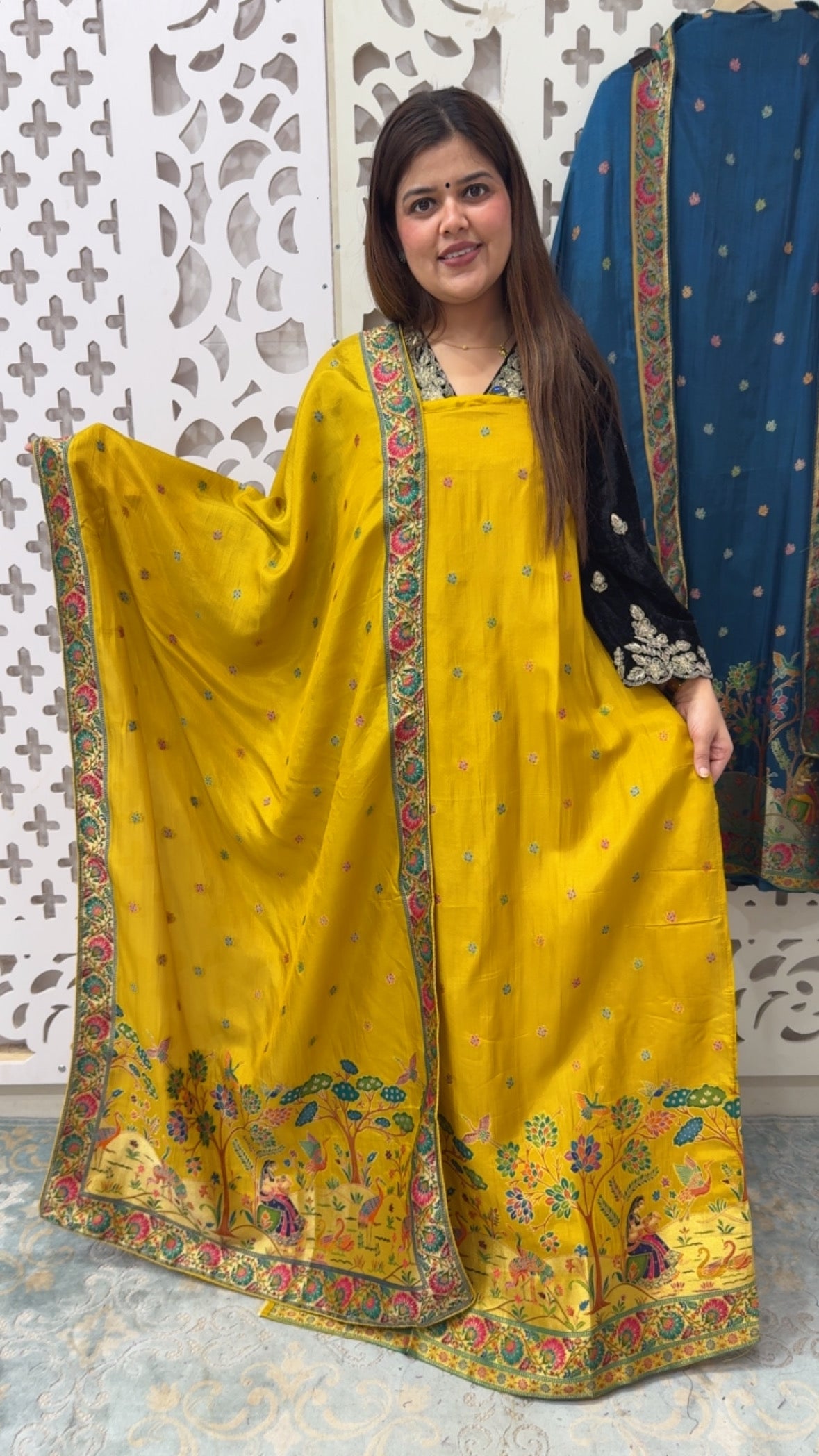 Premium pure Russian silk full gold weaved pichwai art designer silk suit material with weaved silk dupatta GF836