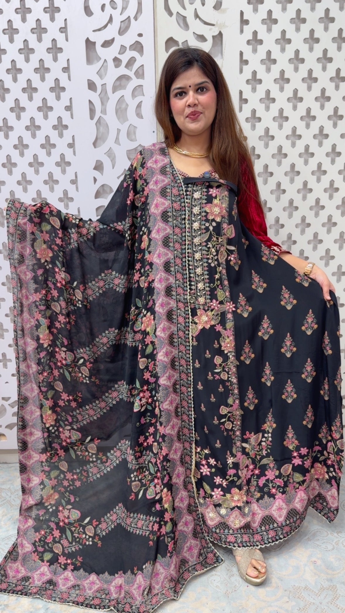 Pure and premium Royal crape silk suit material along partywear with full premium handwork detailing Karachi printed with Chinnon silk Karachi printed dupatta GF863