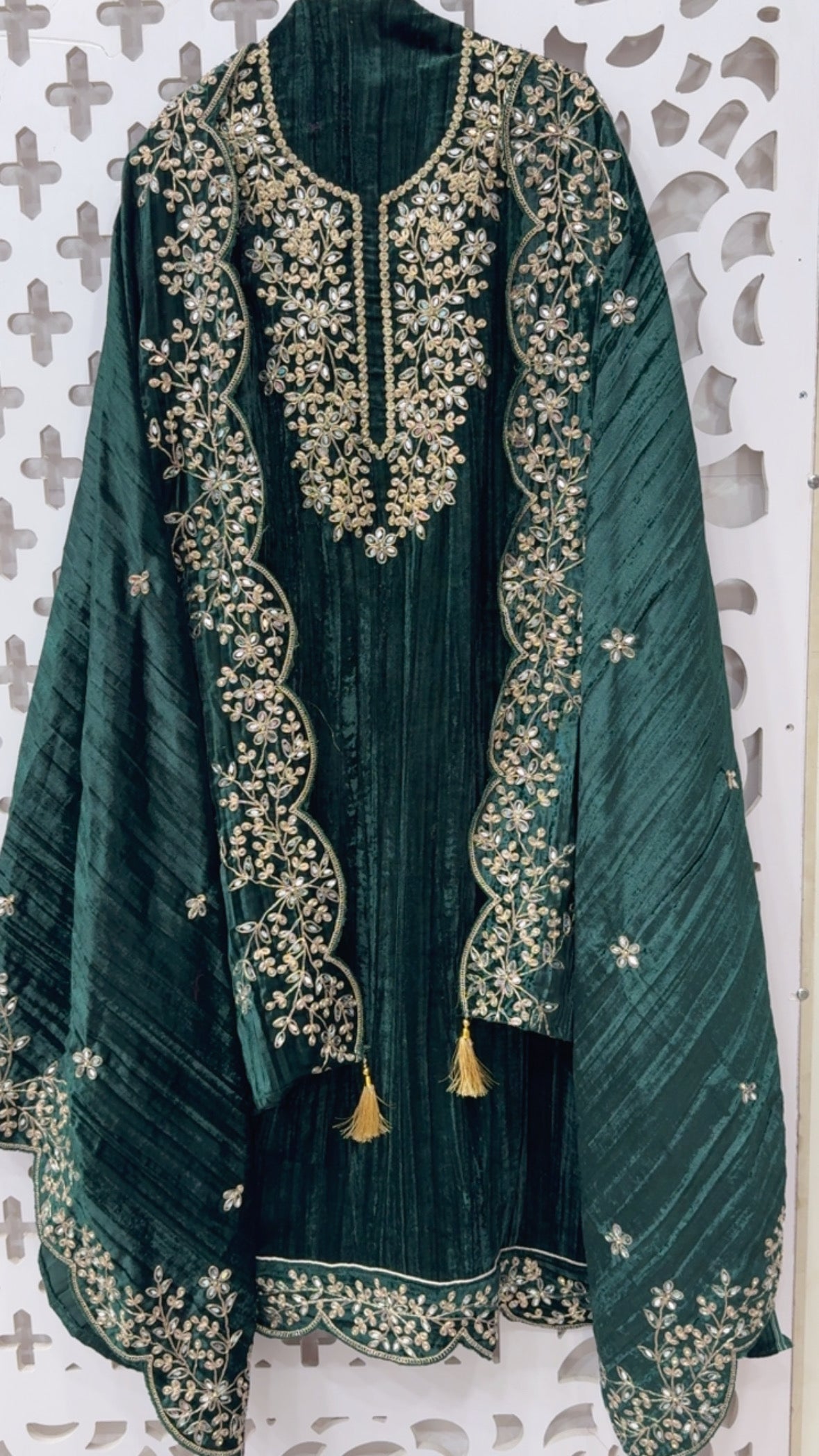 Wedding style pure premium crushed full manual doria and mirror work  velvet partywear suit material with bottom work and full work dupatta GF842