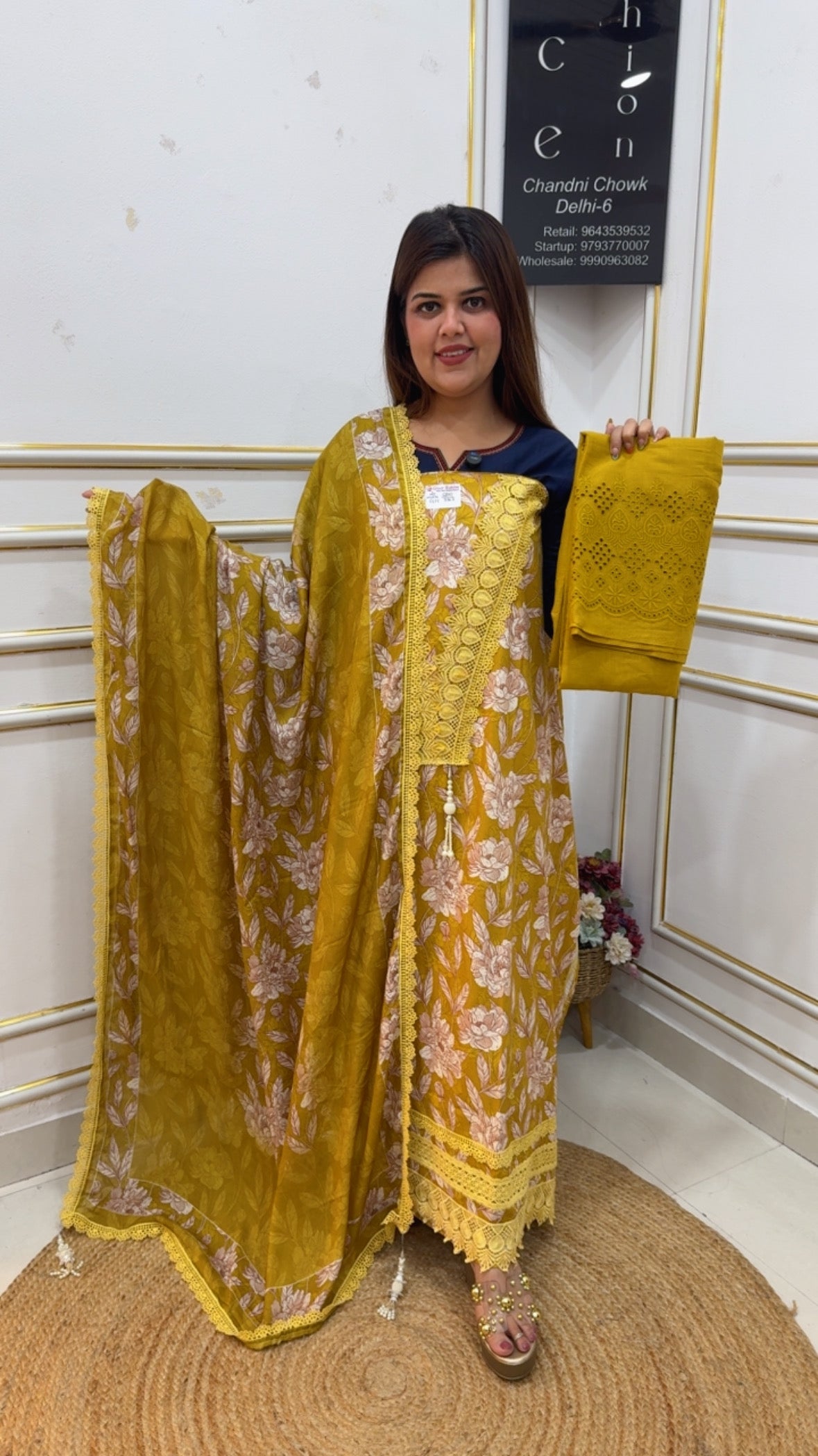 Premium and pure Karachi laces detailing designer pure cotton suit material with digital printed muslin dupatta GF1125 Yellow