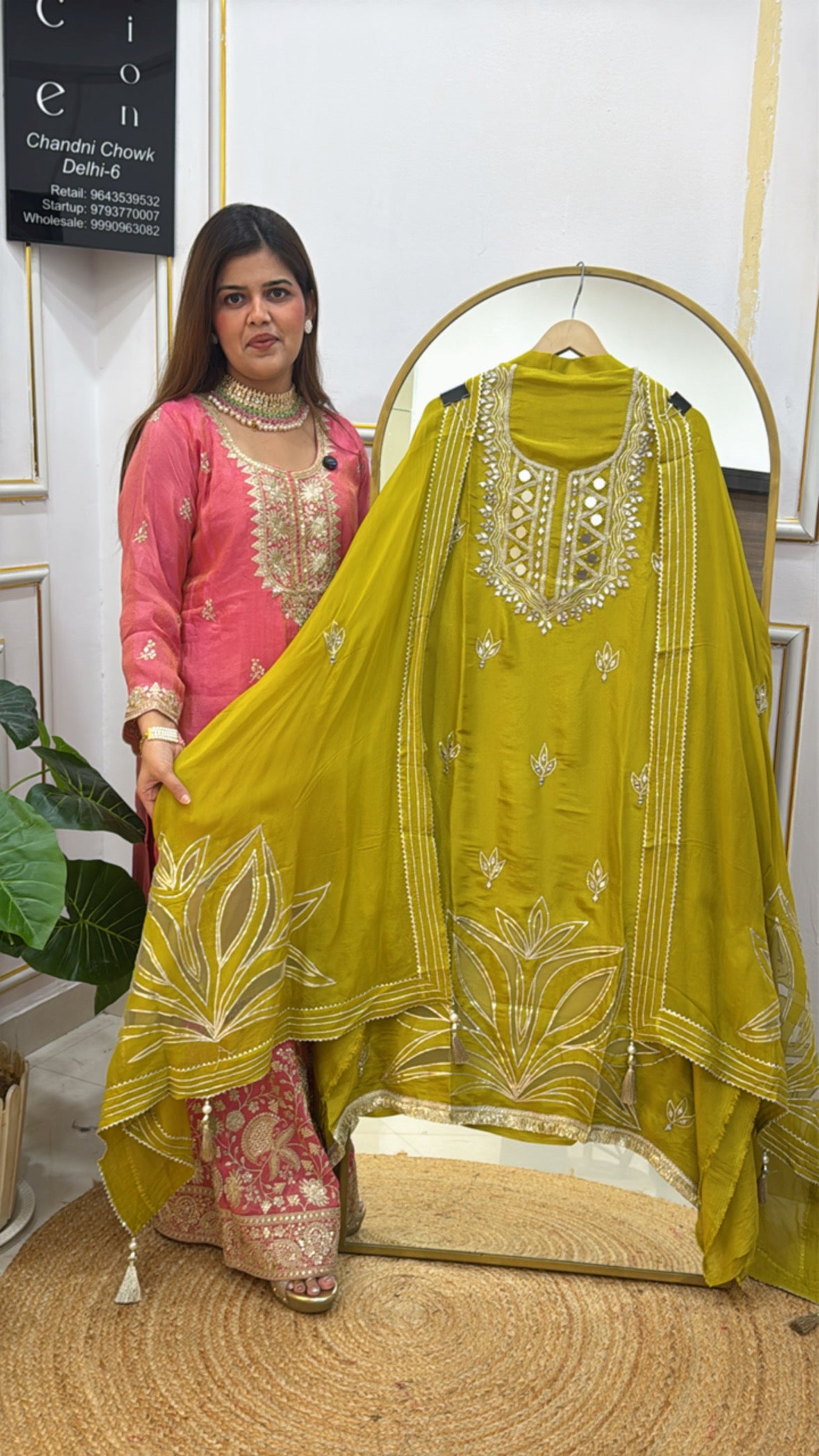 Latest and designer pure shimmer silk suit material along with neck mirror work and very unique applique detailing all over shirt and dupatta GF 599