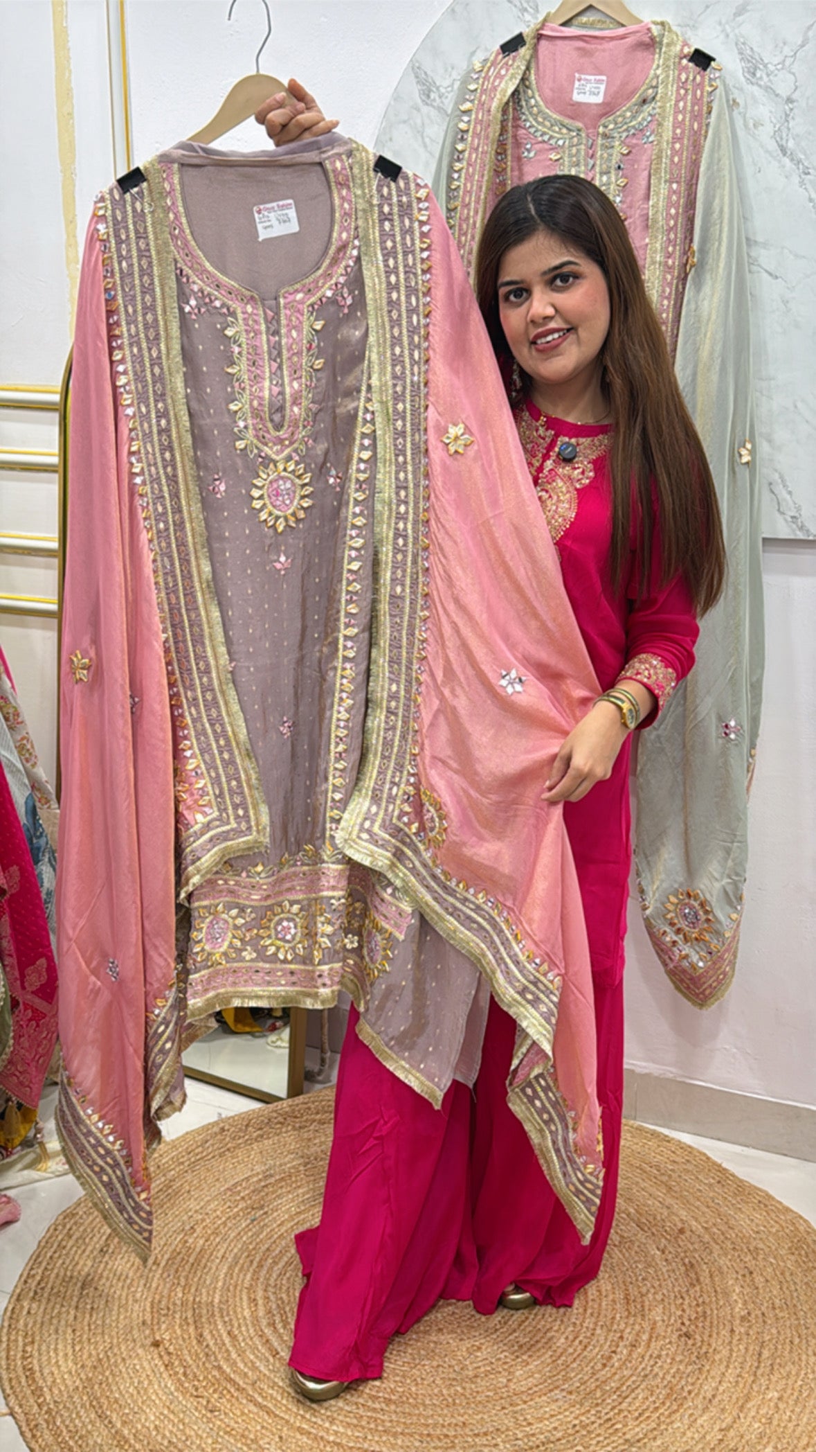 Fesitval special pure shimmer silk latest manual gota and mirror work creation suit material along with designer heavy gota dupatta GF555