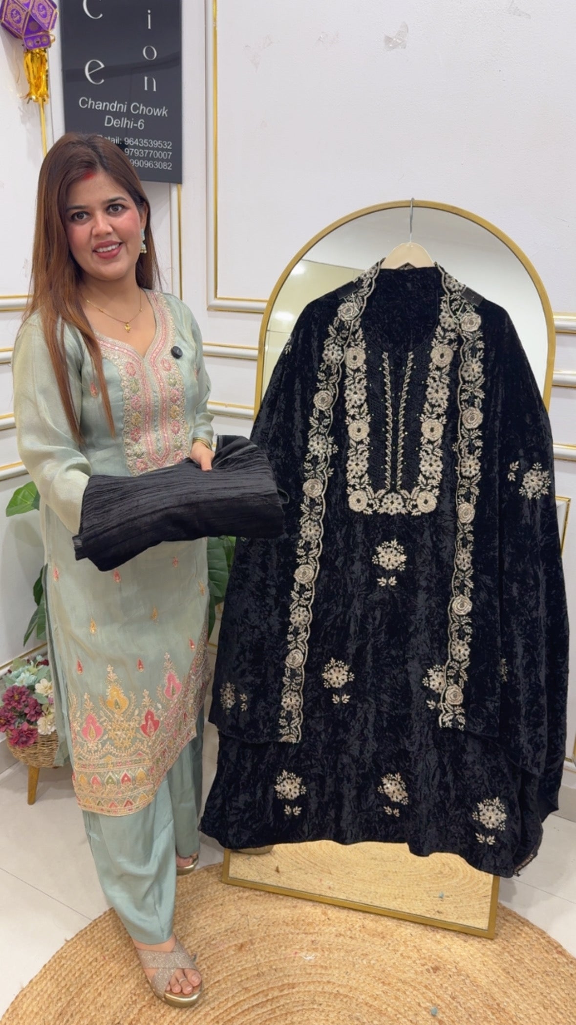 Winter special premium crushed velvet suit material ,velvet shirt with full embroidery and embellishments along with full length embroidery dupatta and premium crushed bottom GF772