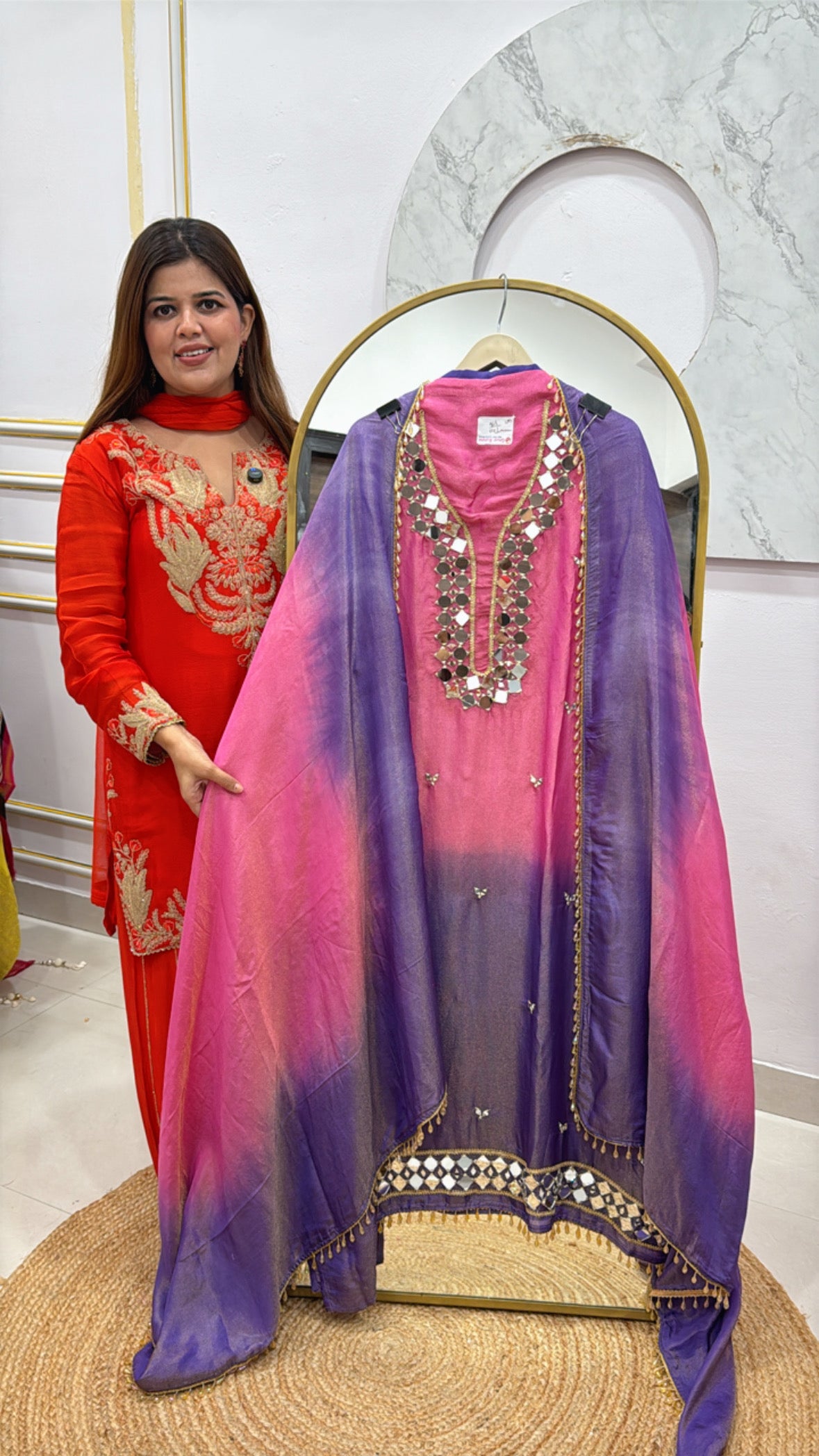 Trending and best seller mirror style shimmer silk suit material with manual mirror work all over shirt and dupatta GF496