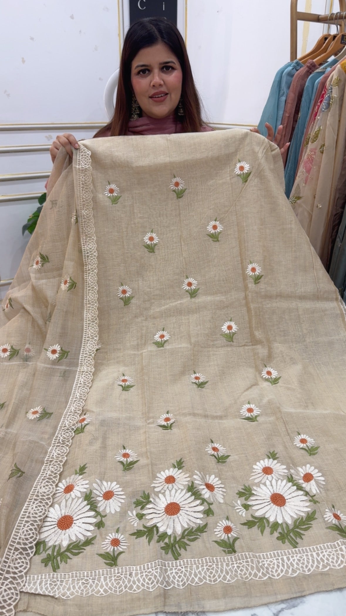 Premium pure Tusser Mul Mul embroidery Pinterest style designer suit material along with Mul Mul tusser premium quality dupatta GF1200 Beige with Orange