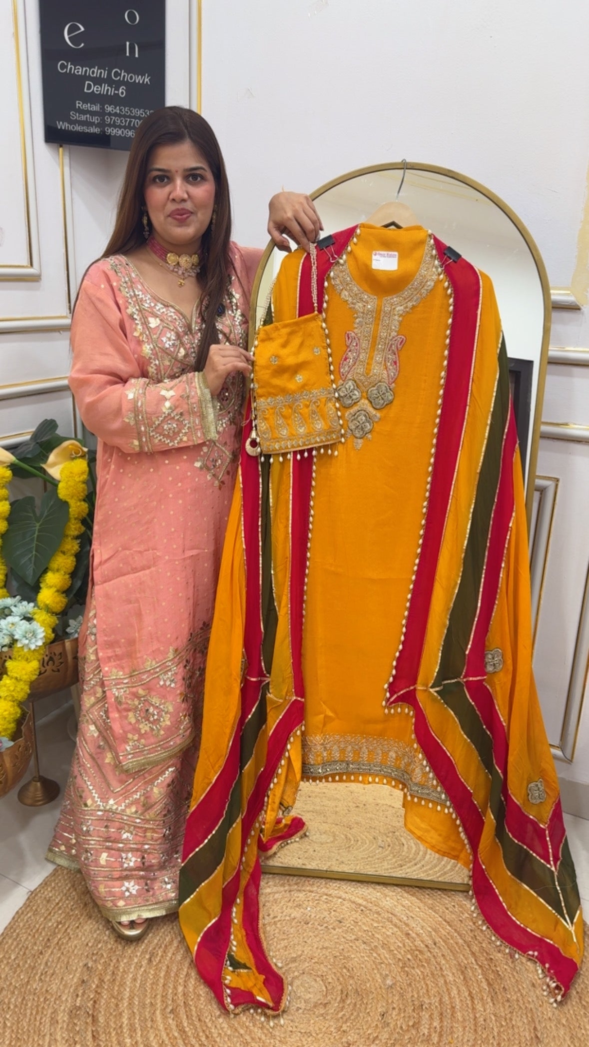 Wedding special premium shimmer silk suit material with deigner organza multi colour dupatta premium neck work with potli GF692