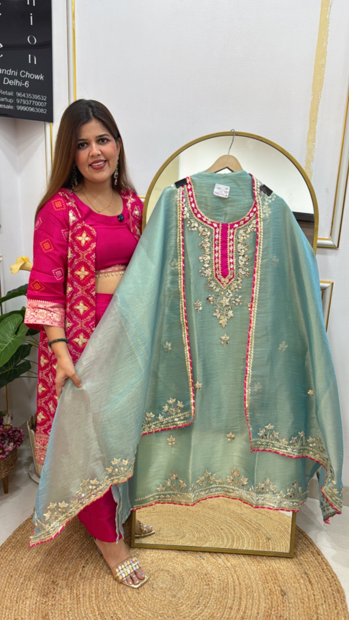 Trending partywear pure gota work tissue shimmer silk suit material along with tissue silk dupatta with all over gota work GF 533