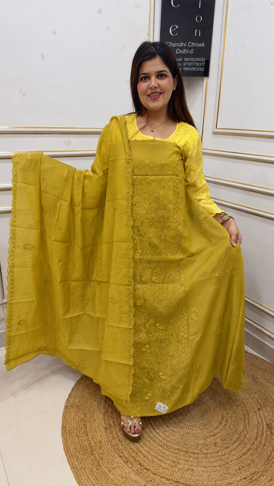 Summer special cotton Mul full flamingo embroidery detailing suit material along with full dupatta work gf1203 Musturd Yellow