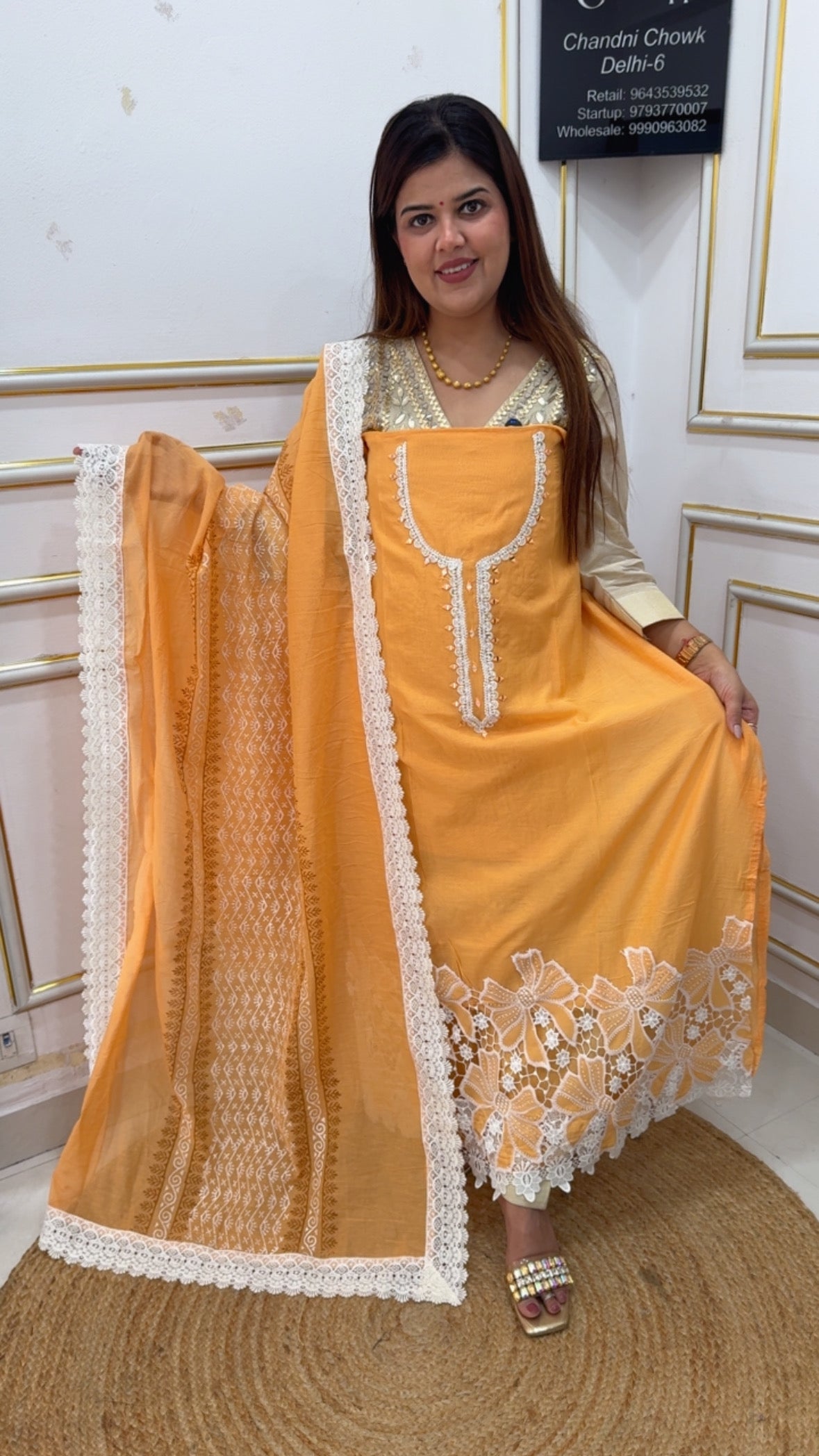 Stylist and classy super premium Mul Mul Karachi laces work suit material along with pure cotton full length printed dupatta GF1148 Orange