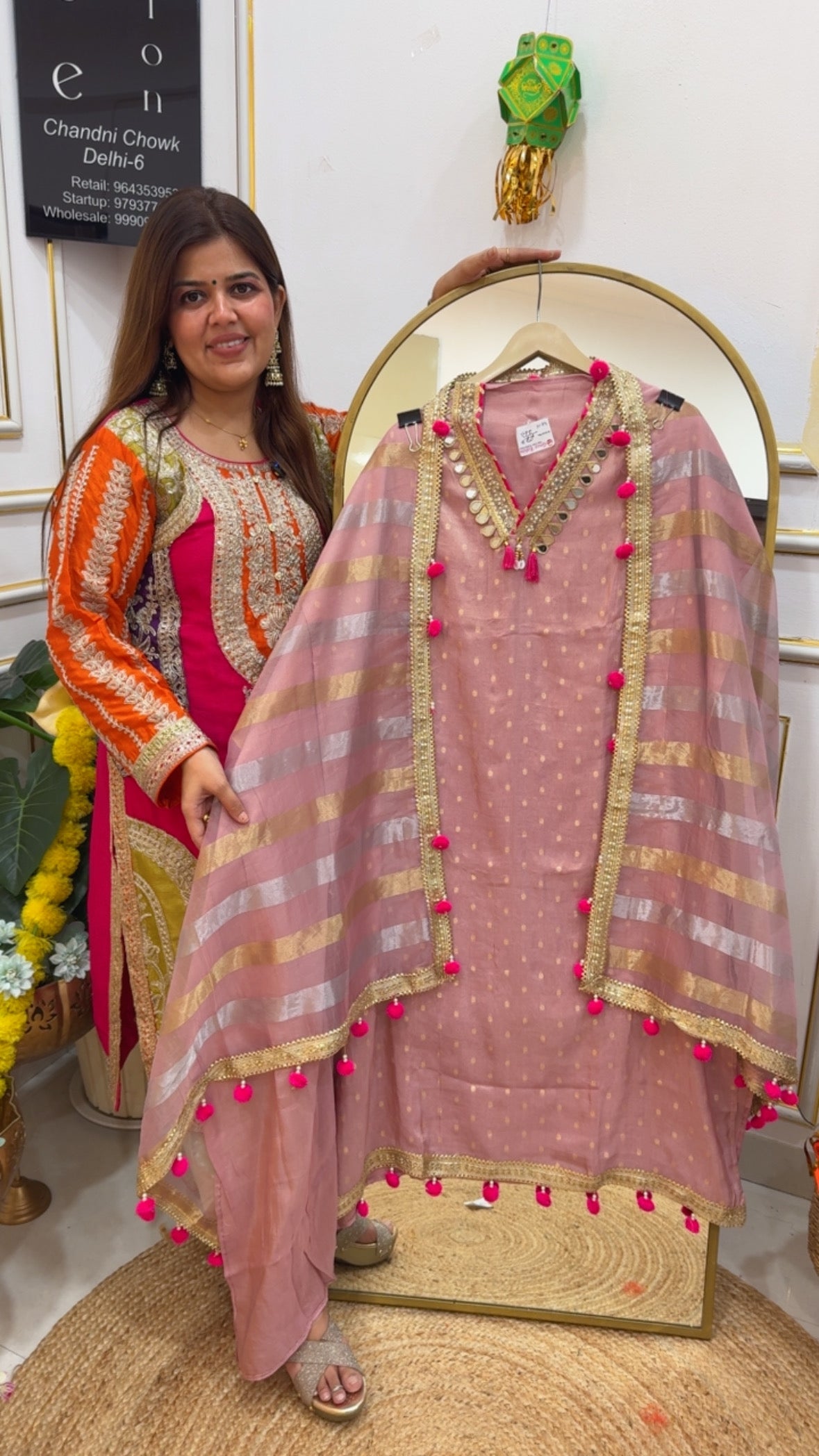 Designer partywear pure shimmer silk weaved mirror neck work with pom-pom detailing all over suit material GF 676