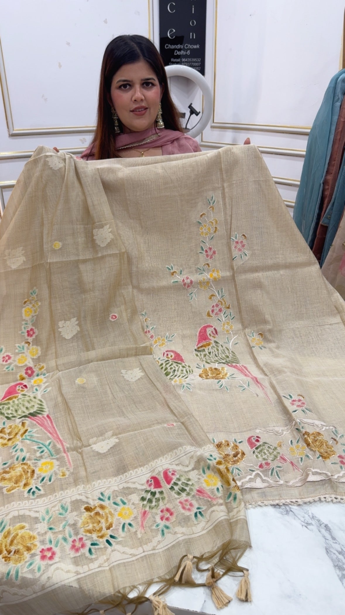 Latest and trending Moonga silk jamdhani latest embossed embroidery creation with unique weaved dupatta GF1201 Beige with Red