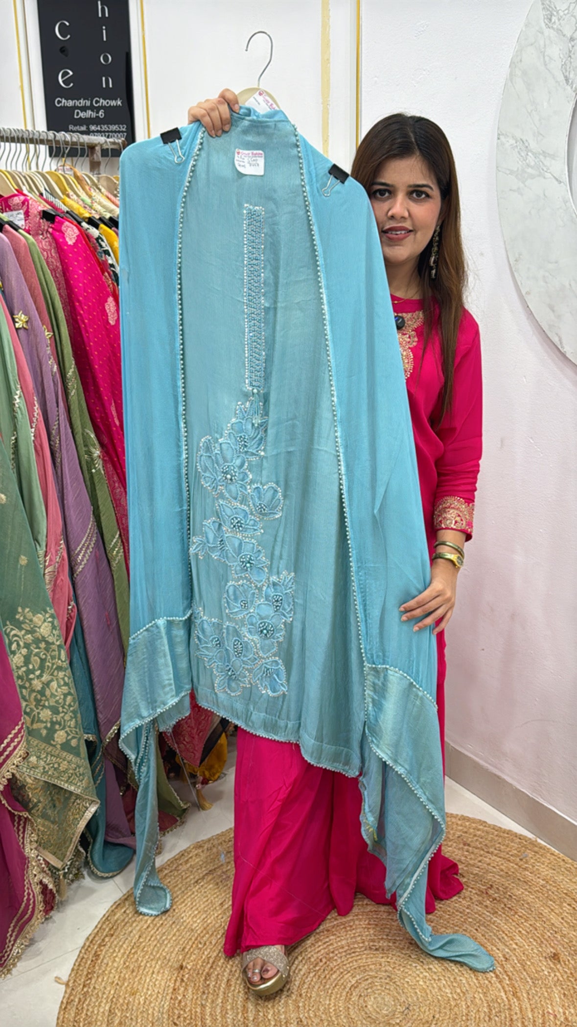 Royal pure burberry silk suit material along with designer 3d pearl handwork detailing with pure chiffon designer dupatta GF559