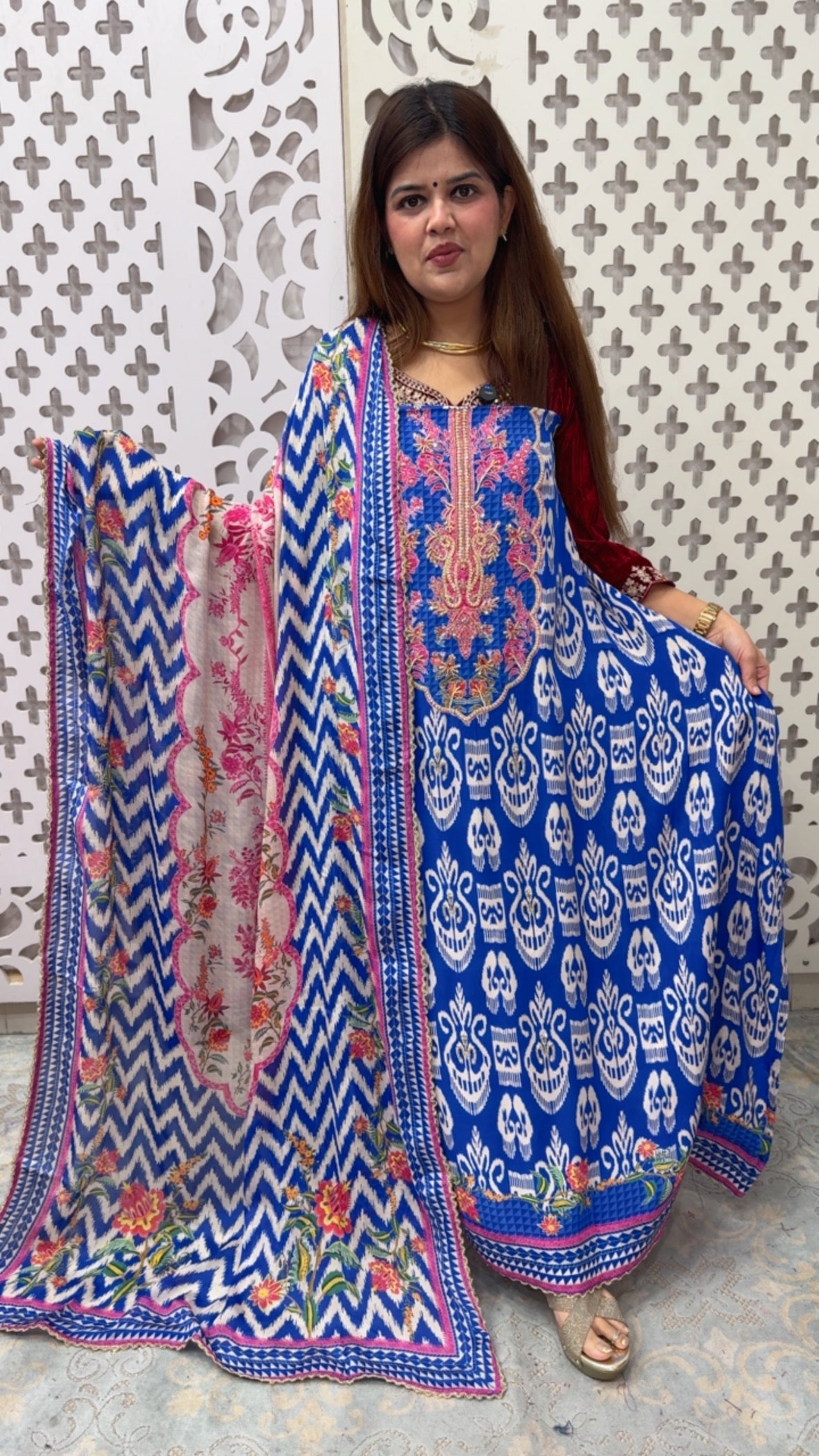 Royal and premium pure crape silk digital printed full Royal handwork suit material along with Chinnon silk digital highlighted dupatta GF862