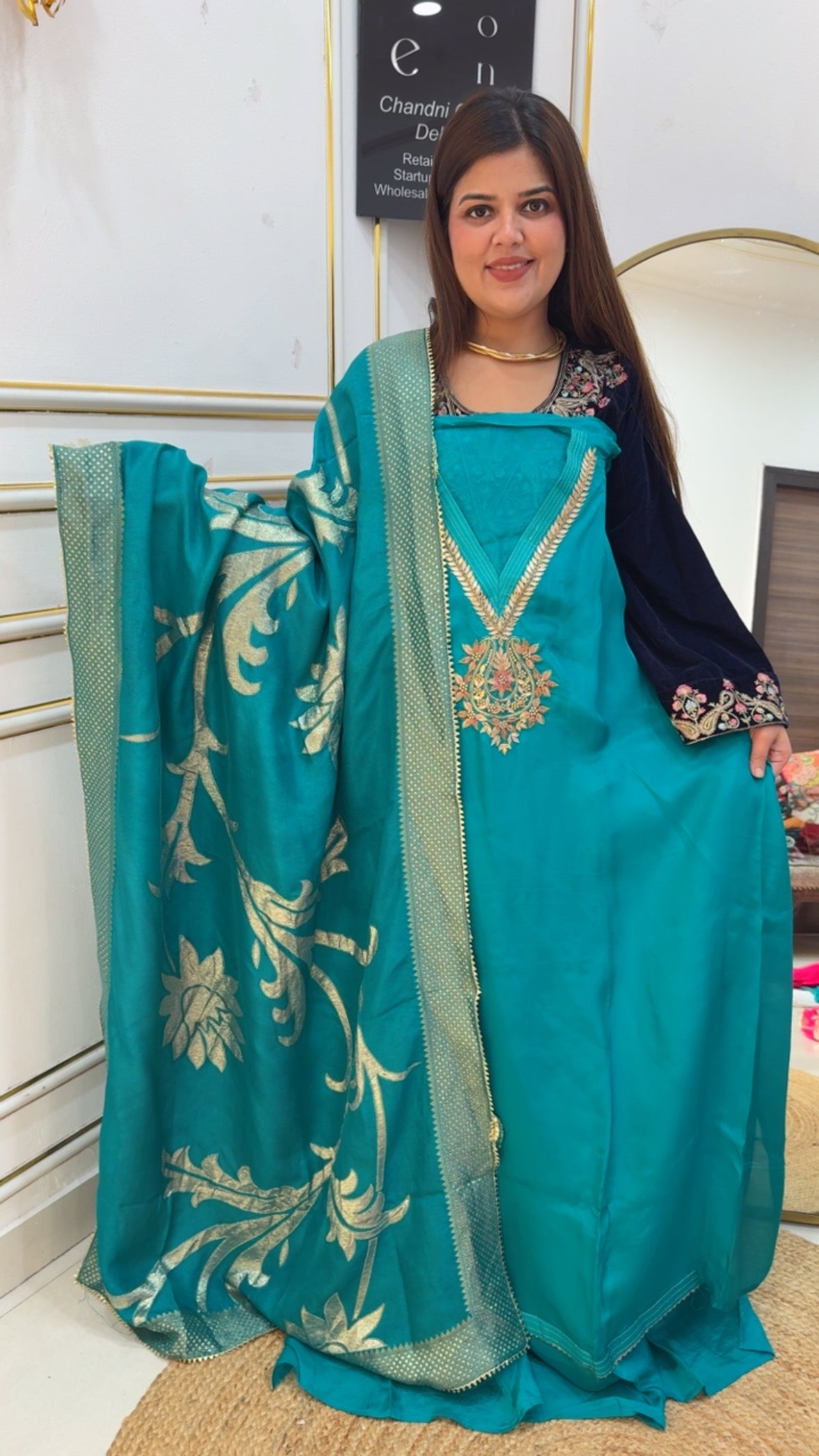 Partywear special premium pure crepe with unique handwork detailing suit material along with weaved banarasi silk dupatta along with silk bottom in jackpot price GF875