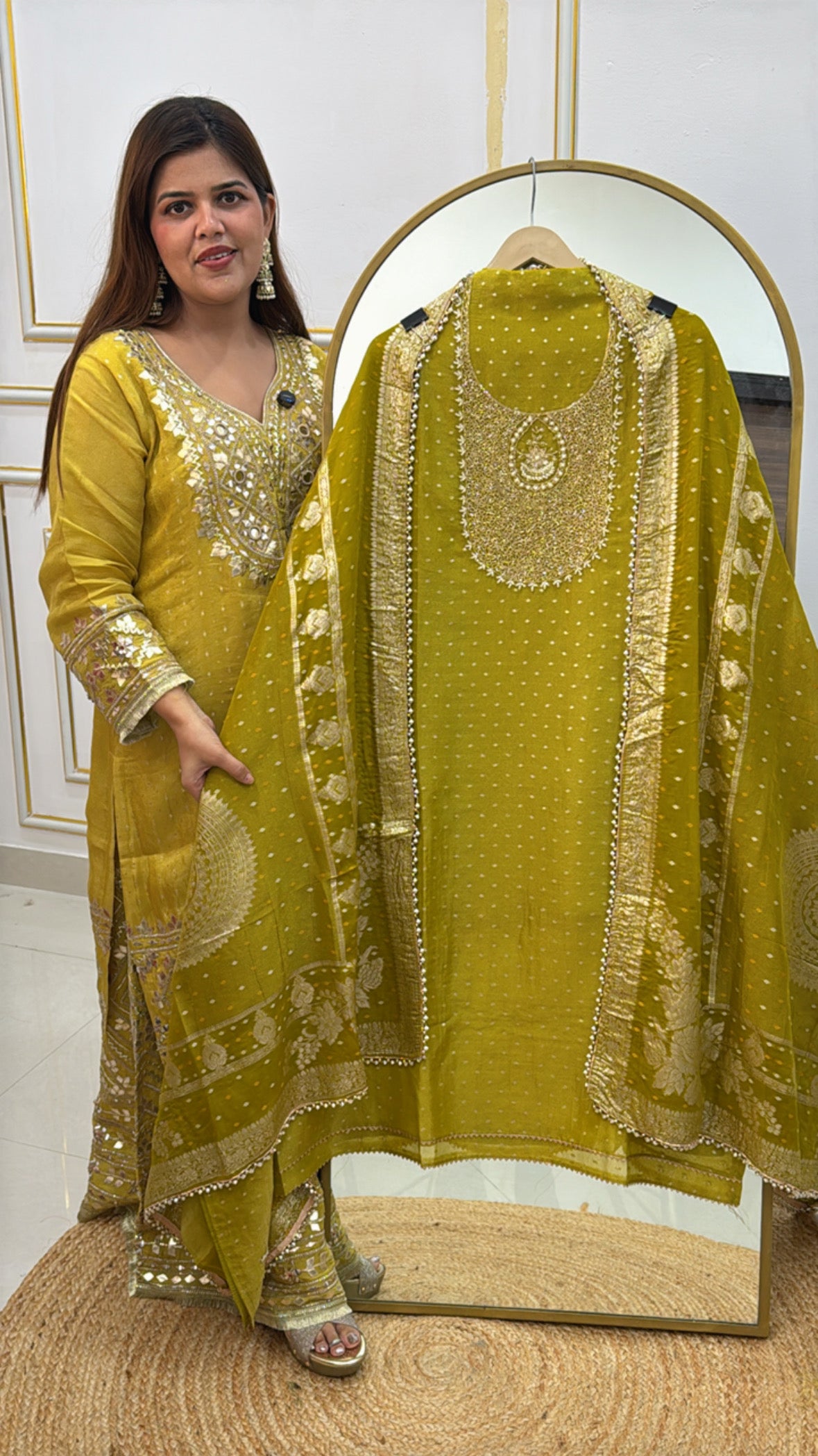 Partywear manual unique handwork suit material with full length weaved dupatta along with silk bottom GF483