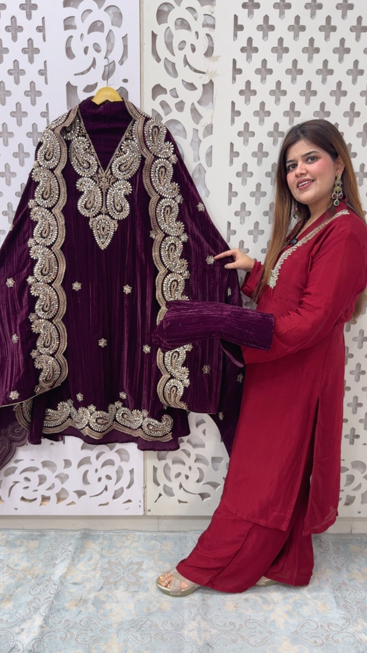 Luxury pure mirror handwork crushed velvet partywear suit material with full mirror handwork velvet dupatta along with crushed velvet bottom GF807
