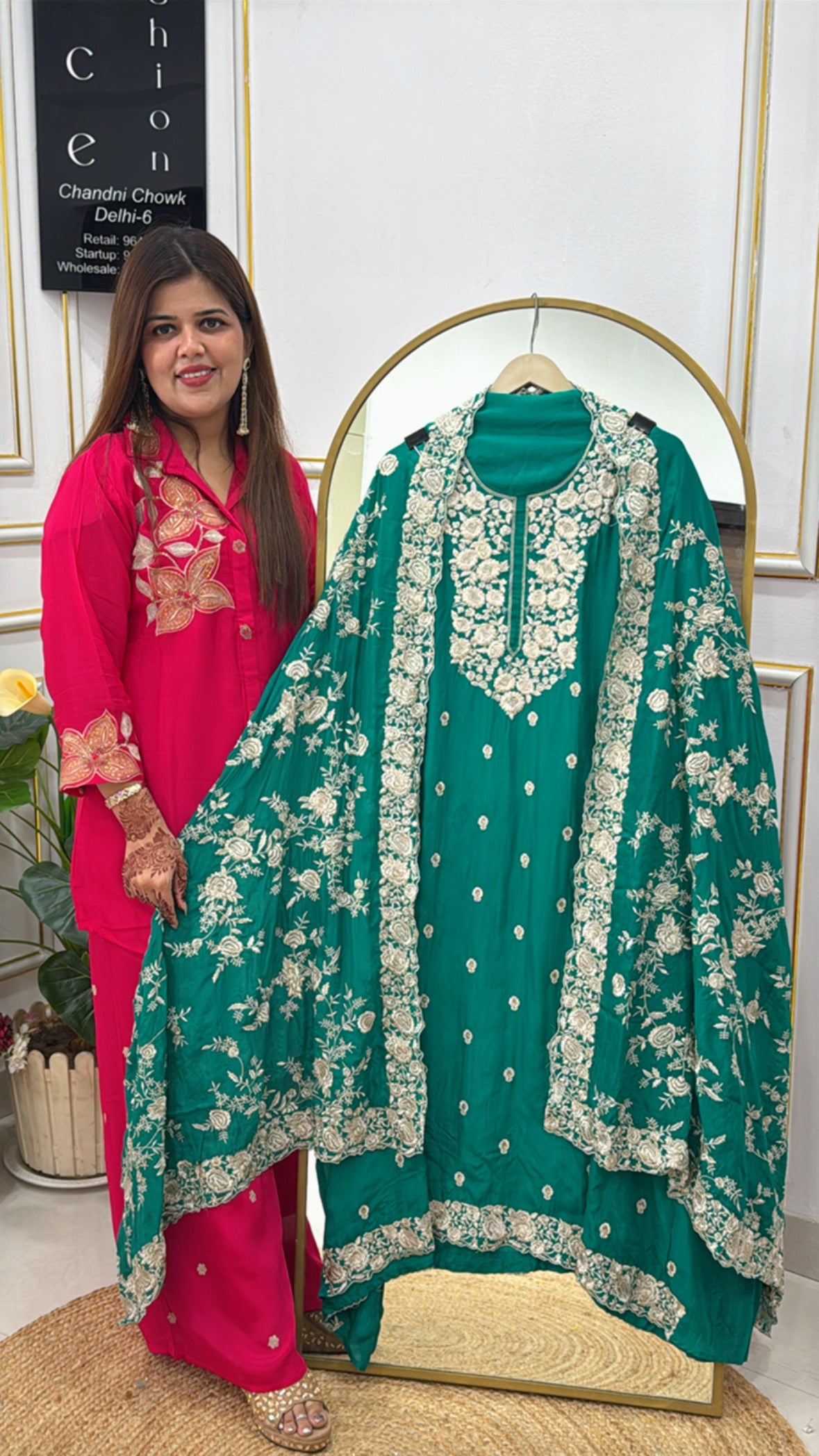 Designer Crepe Shirt with Allover Parsi Embroidery and Heavy Parsi Work Dupatta GF 285