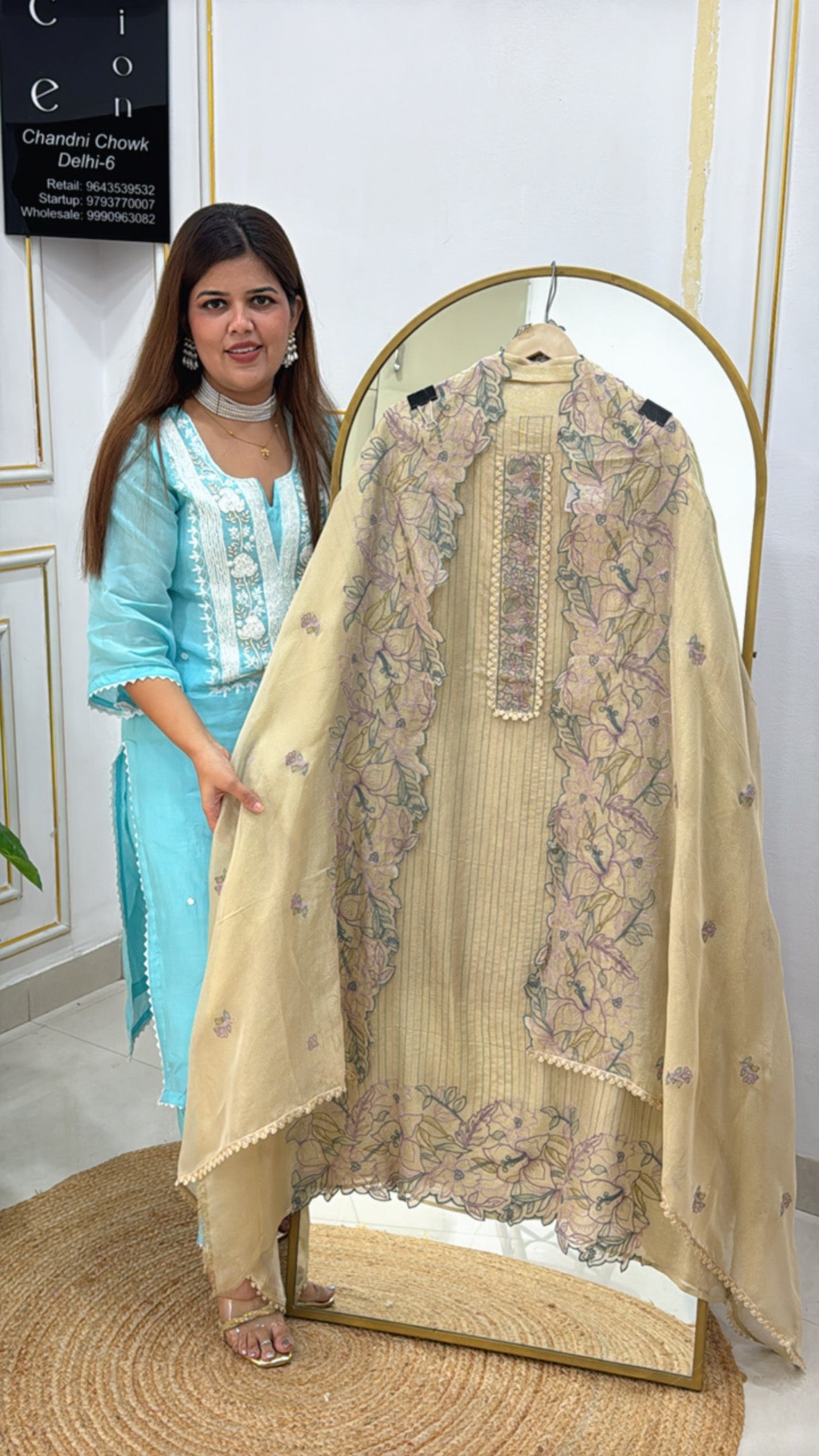 Elegant and designer pastel shimmer silk suit material with designer scalped work dupatta GF514