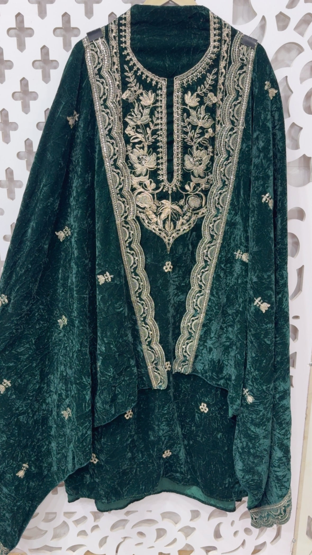 Super Royal crushed velvet  style and elegant full work velvet suit material with full work dupatta and velvet bottom GF840