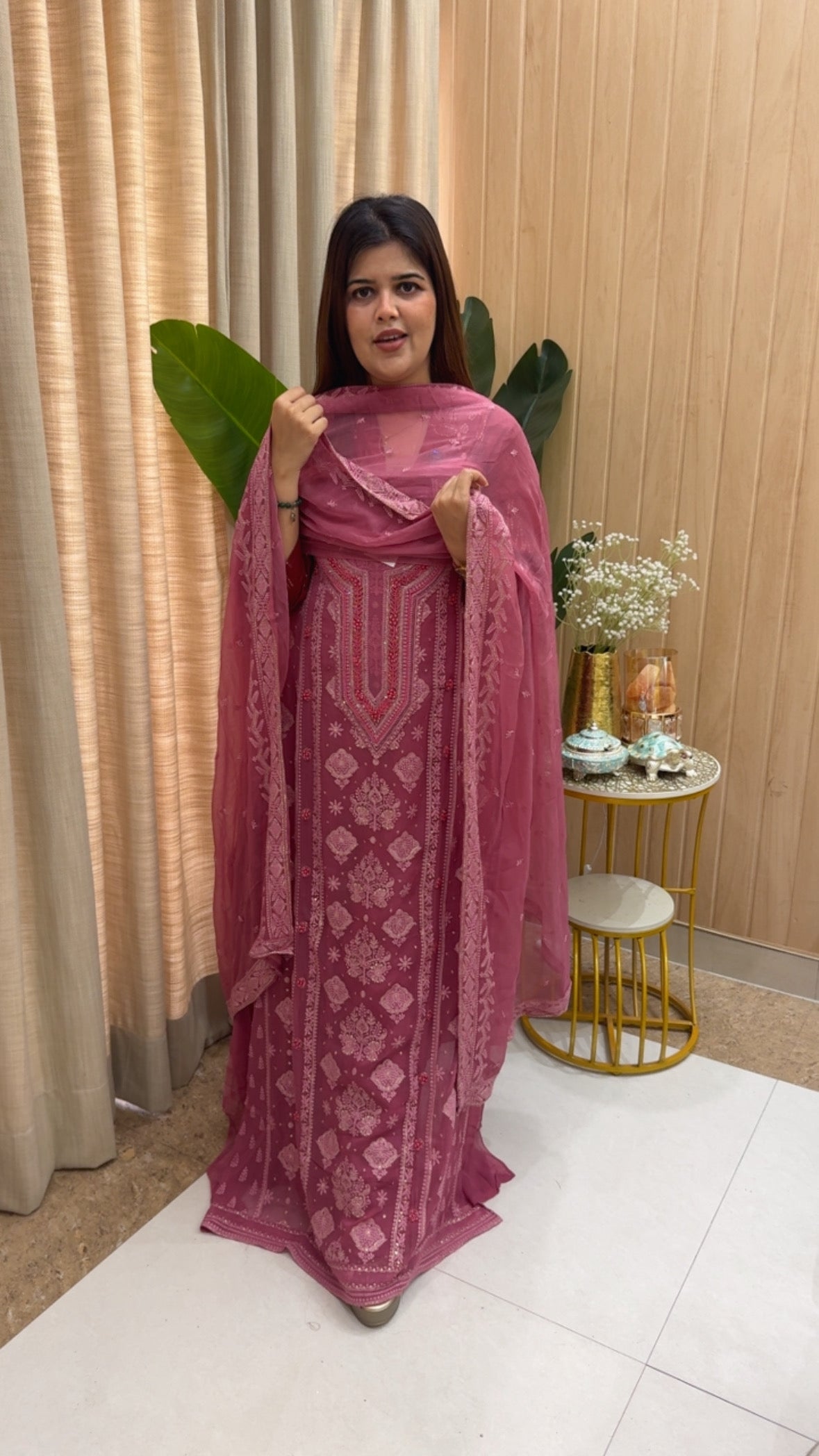 Luxurious pure Georgette chikankari embroidery Lucknowi premium suit material along with pure chiffon Lucknowi dupatta GF1162 Orchid Pink