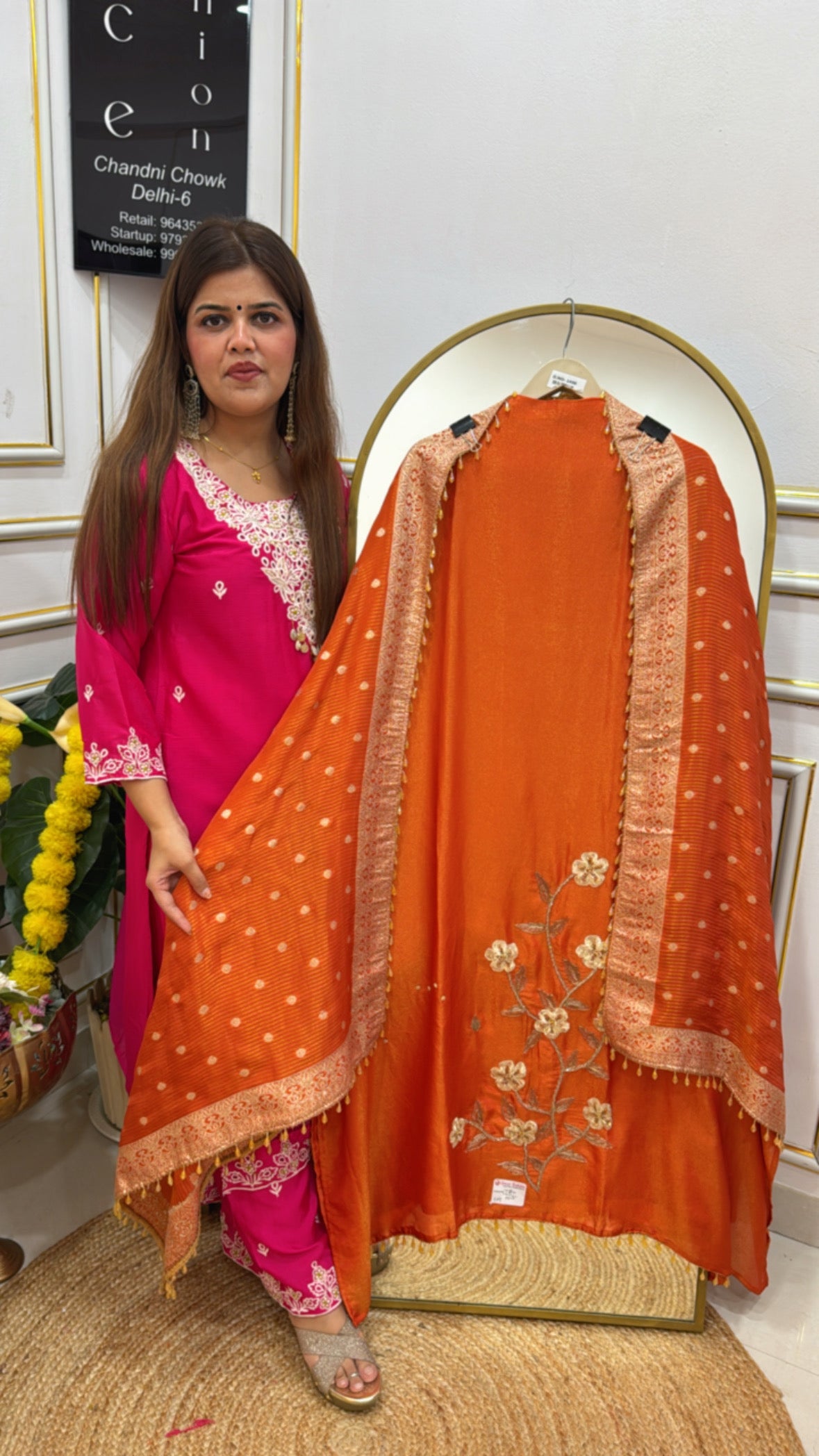 Premium and elegant partywear pure shimmer silk handwork detailing suit material with designer fill length dupatta GF664