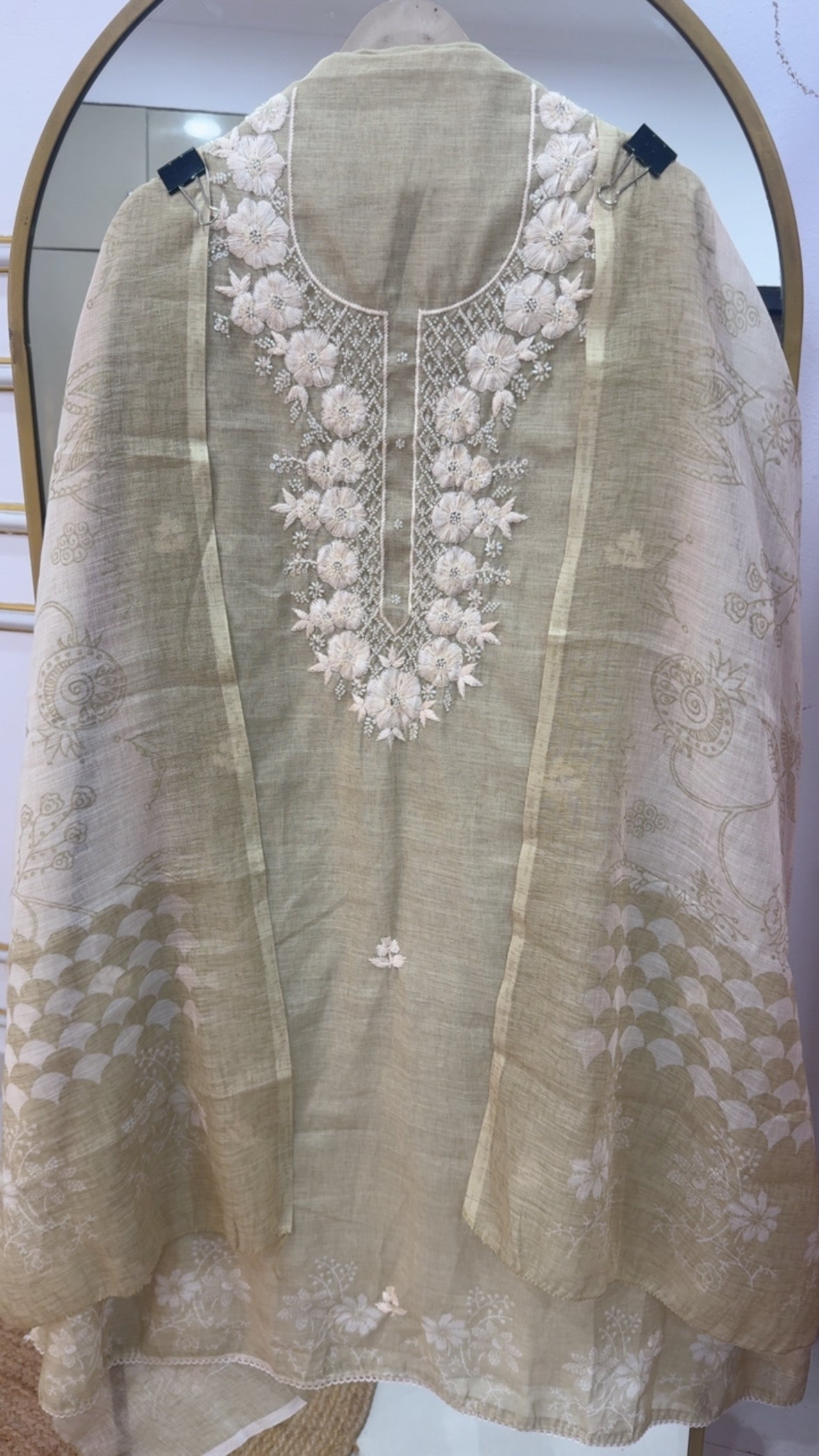 Pure cotton linen summer special hand work detailing over neck along with digital printed pure linen dupatta GF1140 Light Green